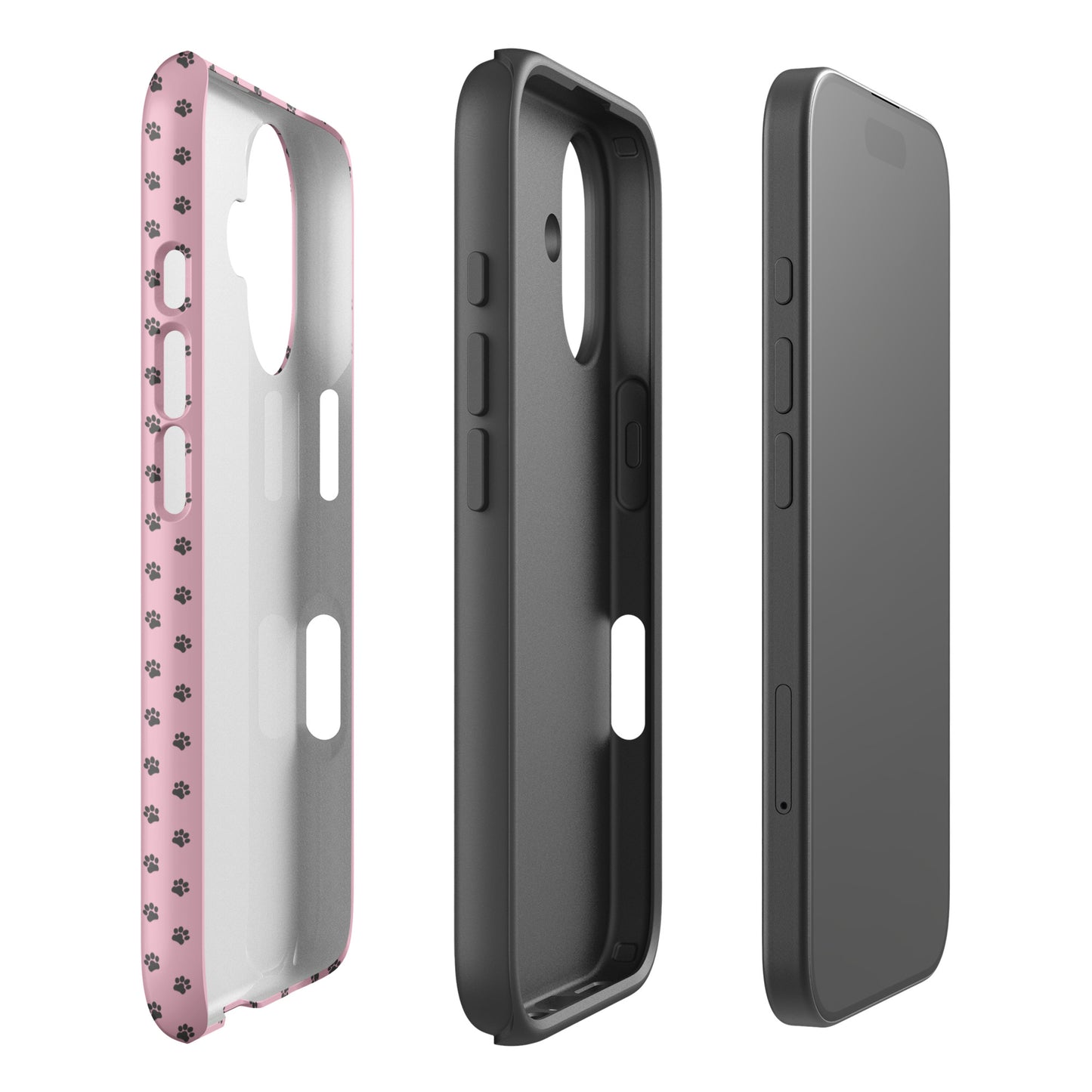 Phone Case for iPhone with paw-print design, featuring playful protection in soft pink and dark gray, showcasing durable charm.