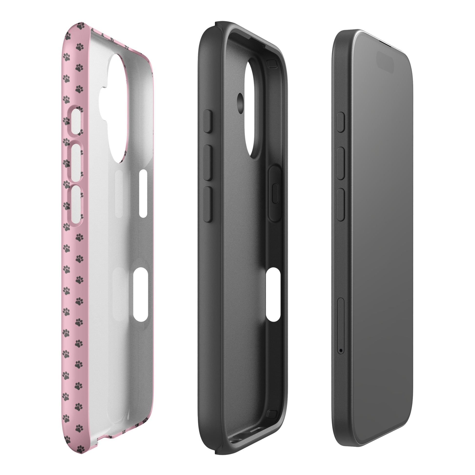 Phone Case for iPhone with paw-print design, featuring playful protection in soft pink and dark gray, showcasing durable charm.