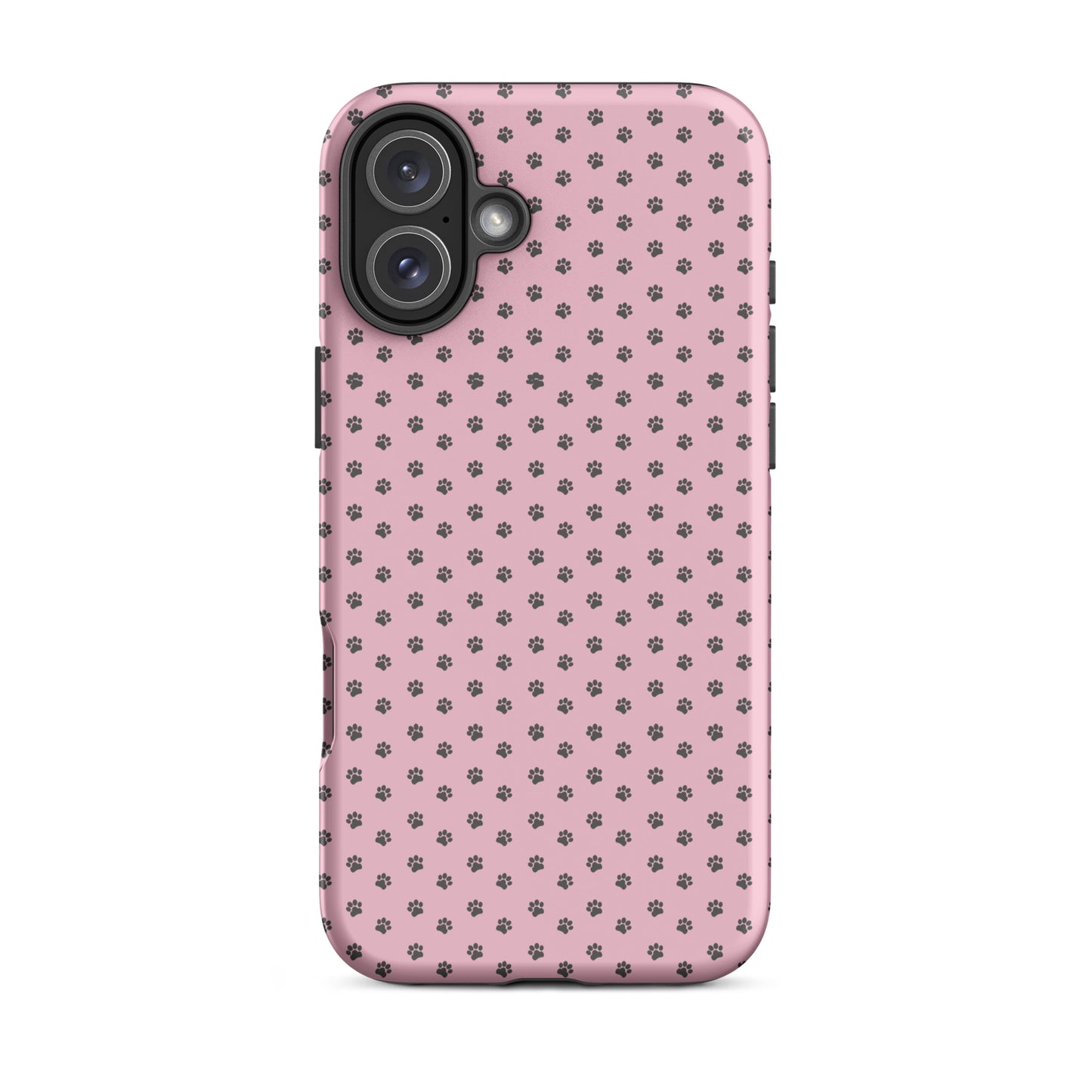 Phone Case with paw print design for iPhone, soft pink background with dark gray paw pattern, playful and protective cover.