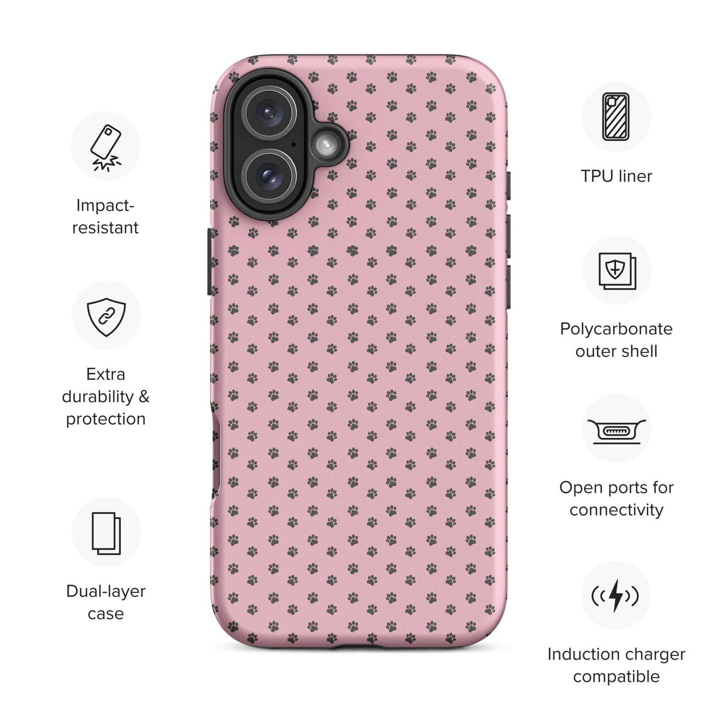 Phone Case for iPhone with gray paw-print design on pink background, featuring TPU liner and dual-layer protection.