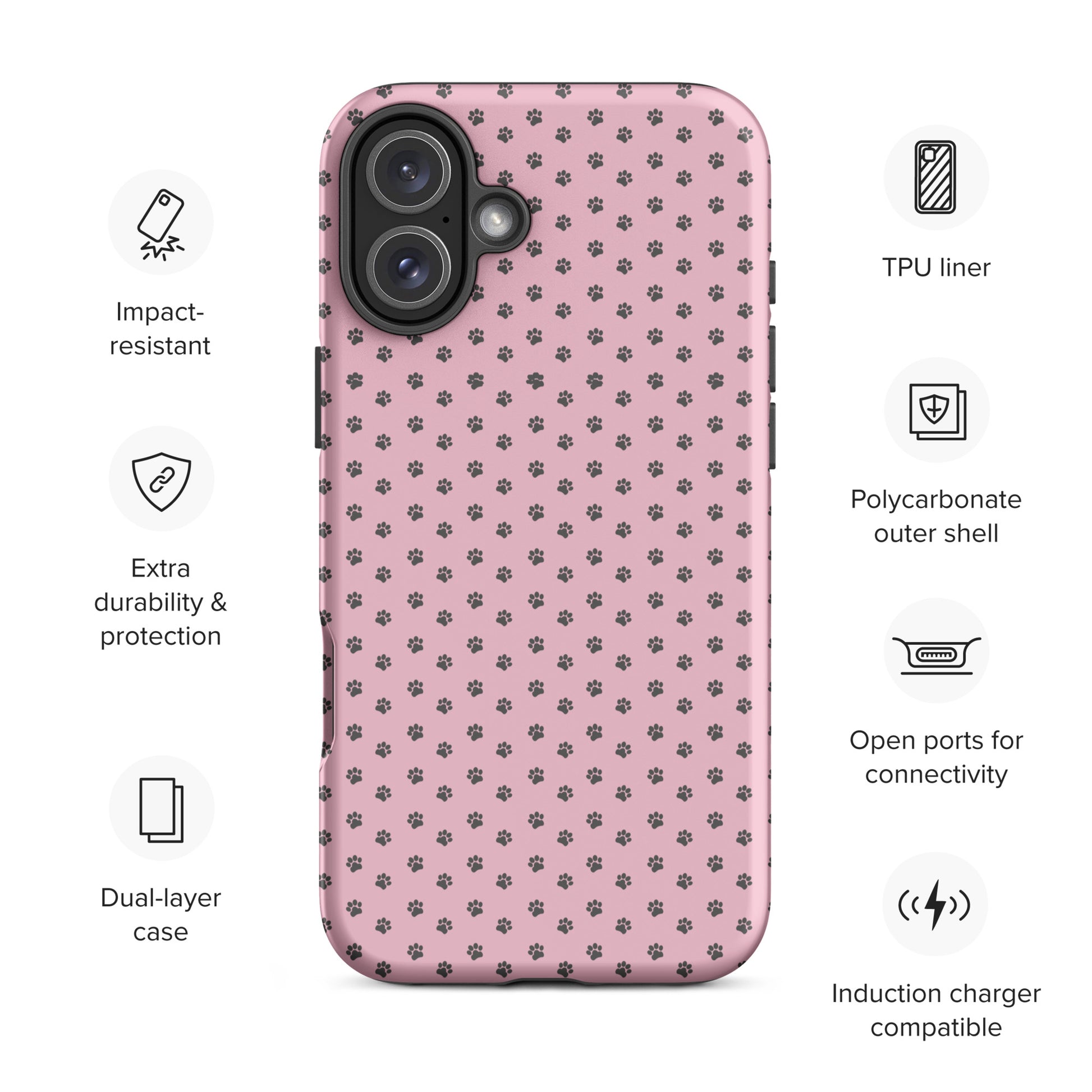 Phone Case for iPhone with gray paw-print design on pink background, featuring TPU liner and dual-layer protection.