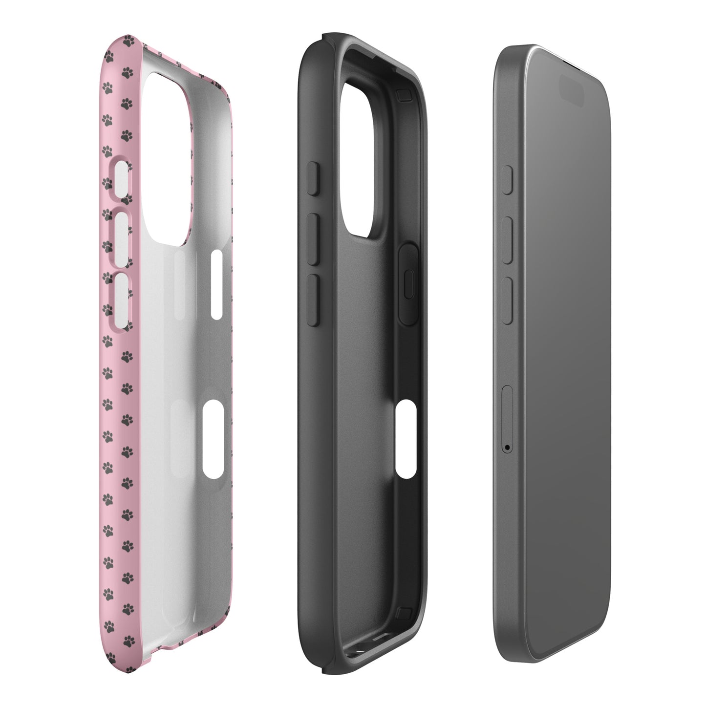 Phone Case for iPhone with paw-print design, showcasing playful protection with dark gray paw prints on soft pink background.