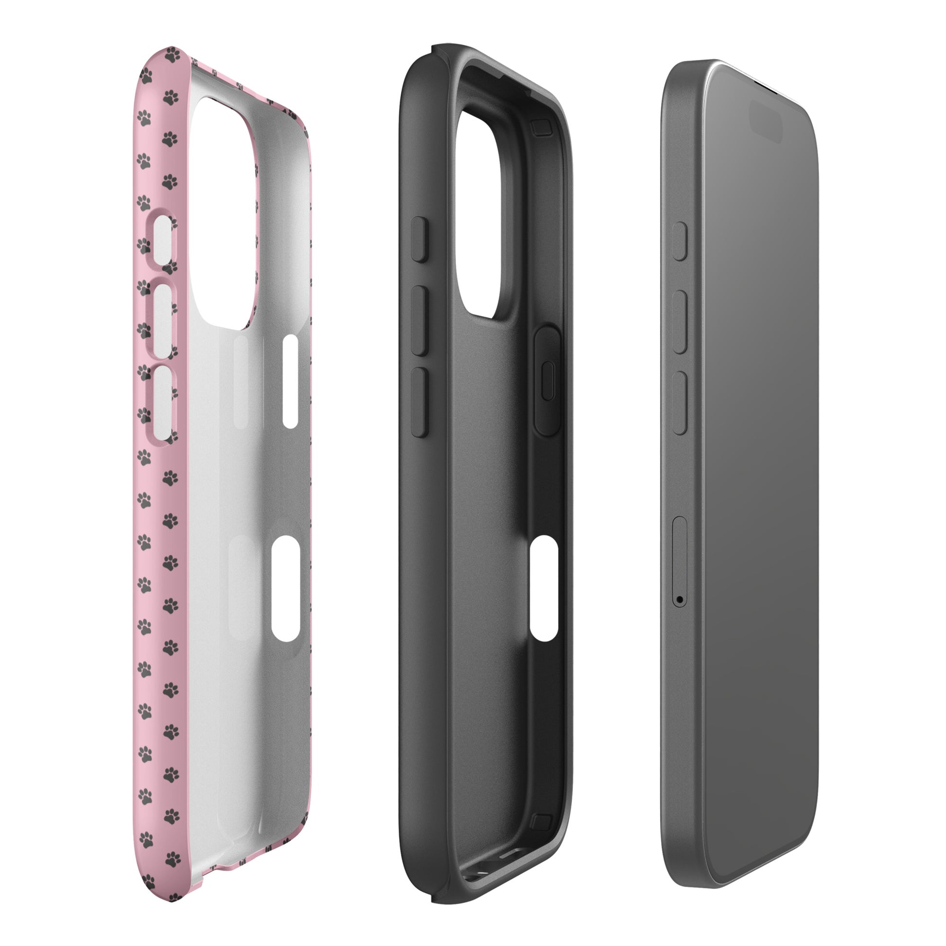 Phone Case for iPhone with paw-print design, showcasing playful protection with dark gray paw prints on soft pink background.