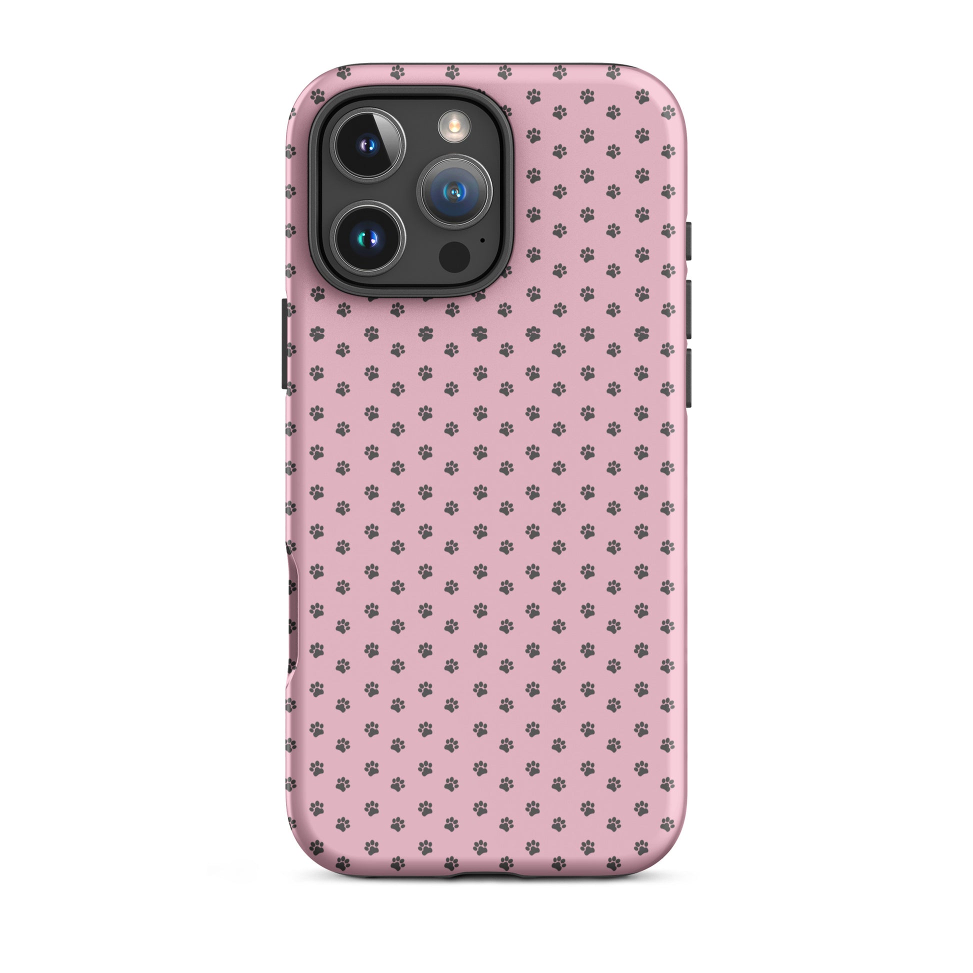 Phone Case for iPhone with gray paw prints on pink background, playful design for pet lovers.