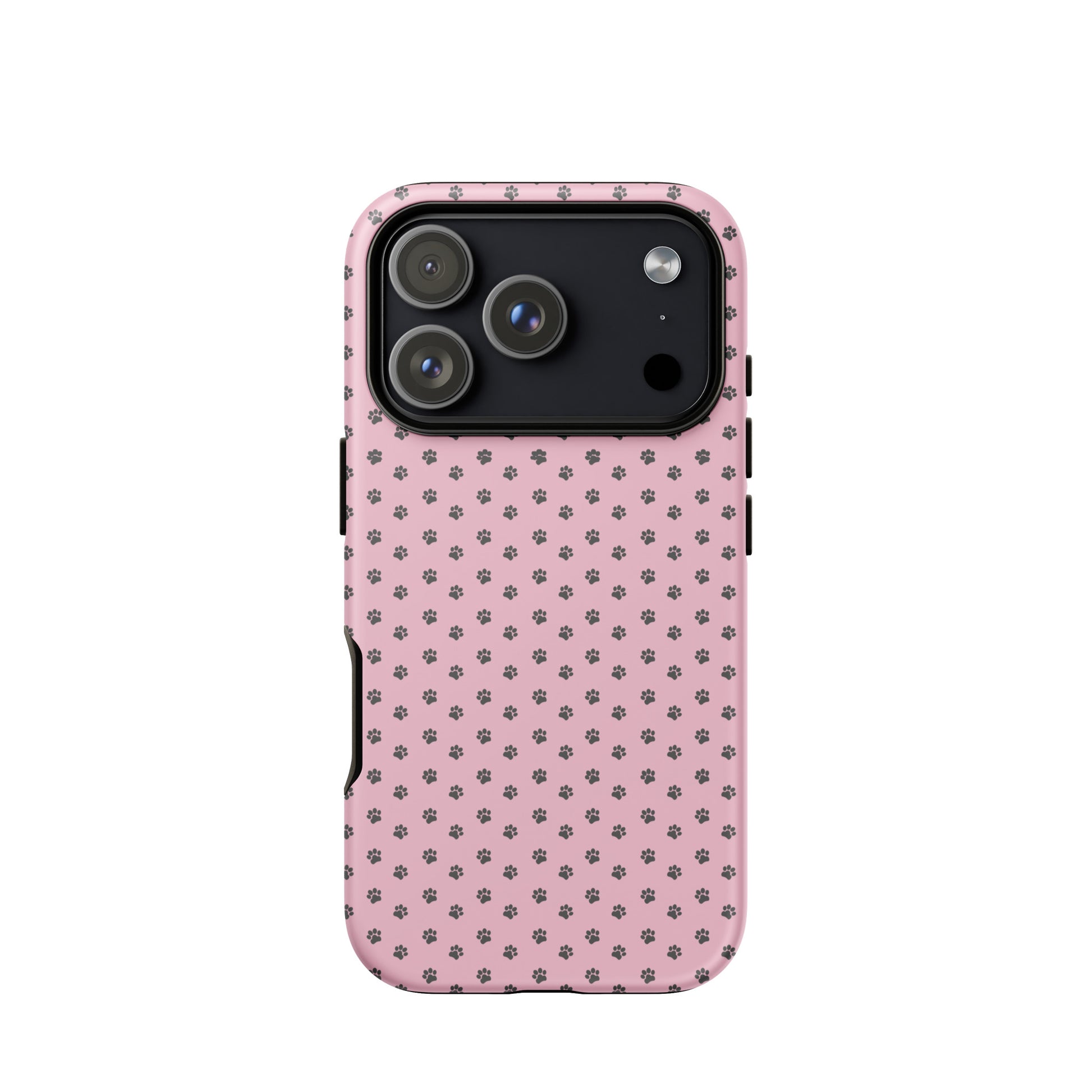 Phone Case with paw-print design for iPhone, pink background, and dark gray paw patterns, playful and protective.