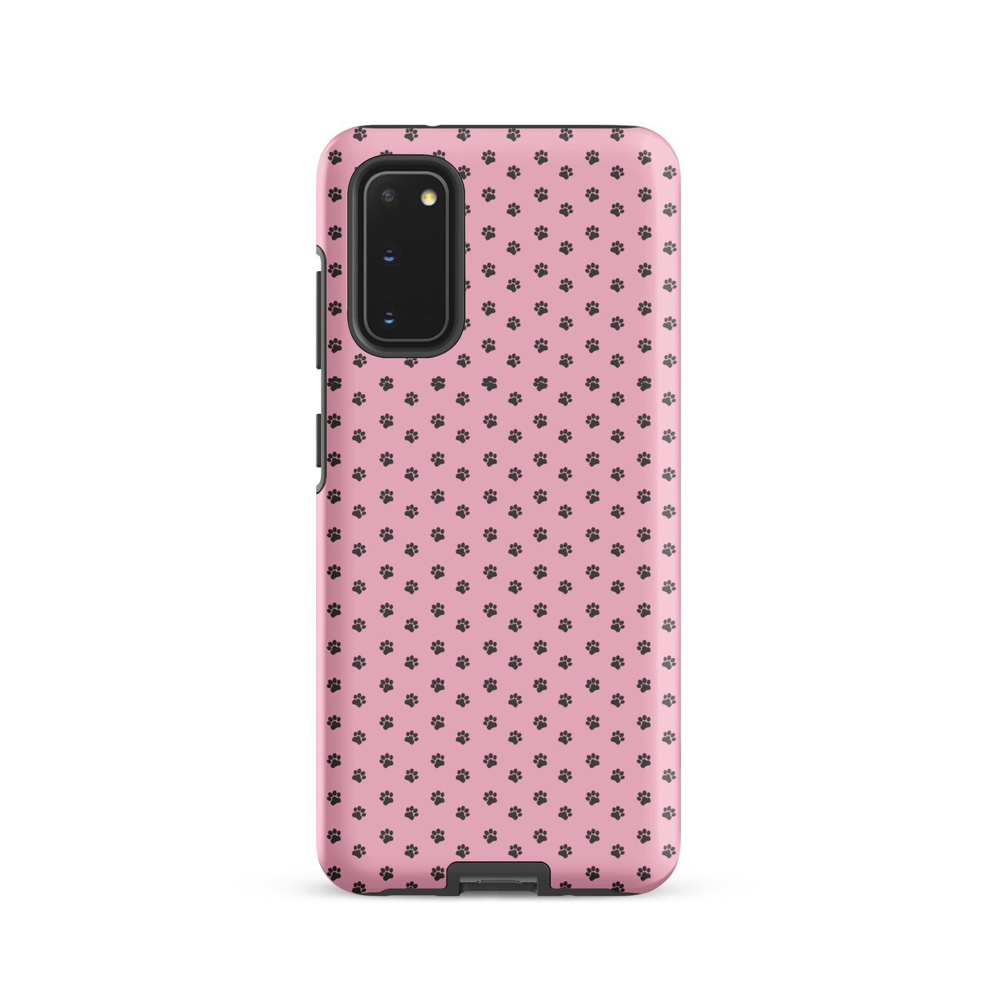 Phone Case Samsung Galaxy with playful pink paw-print design on soft pink background, offering protection and style for pet lovers.