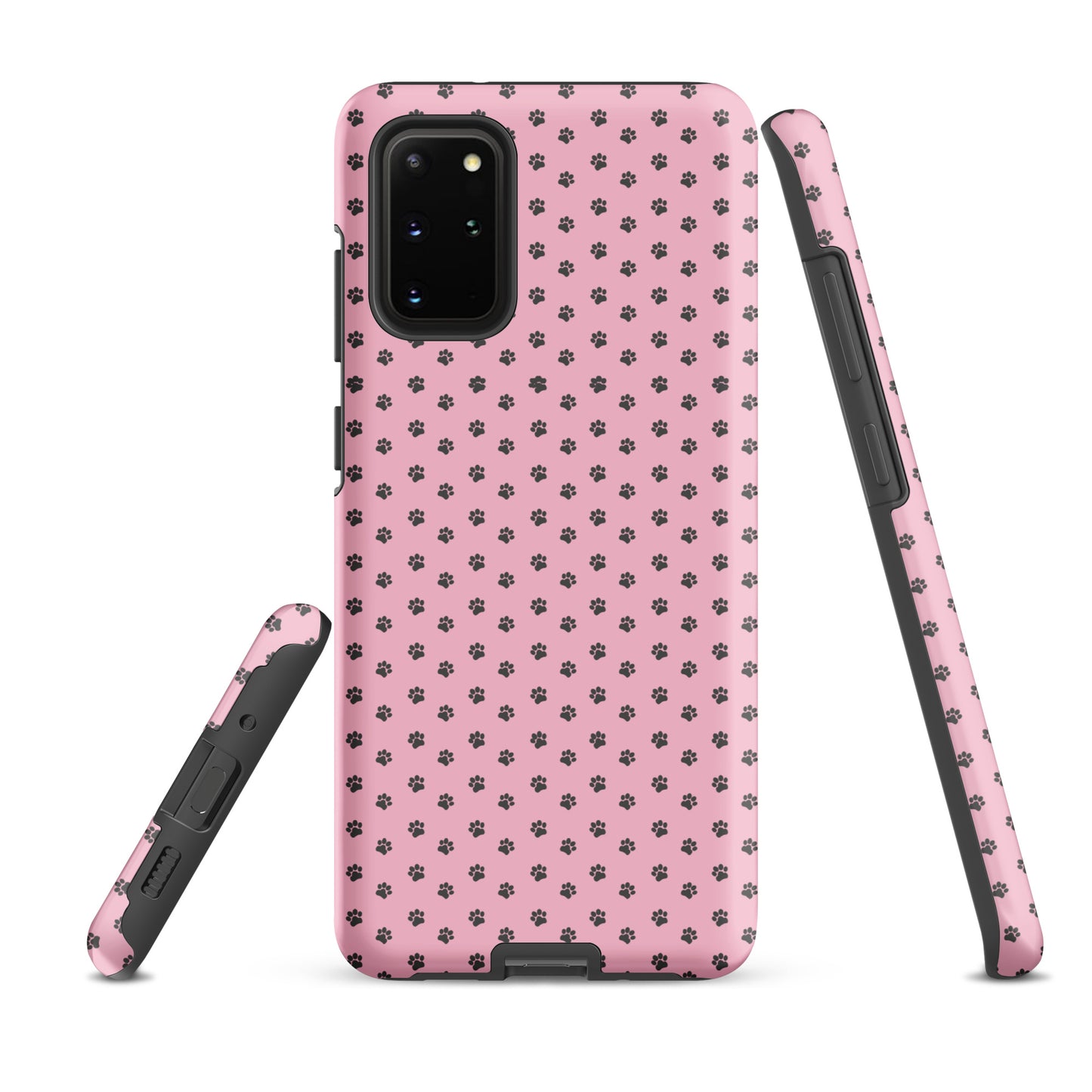 Phone Case Samsung Galaxy with paw print design in playful pink for pet lovers. Durable protection with cute dark gray paw prints.