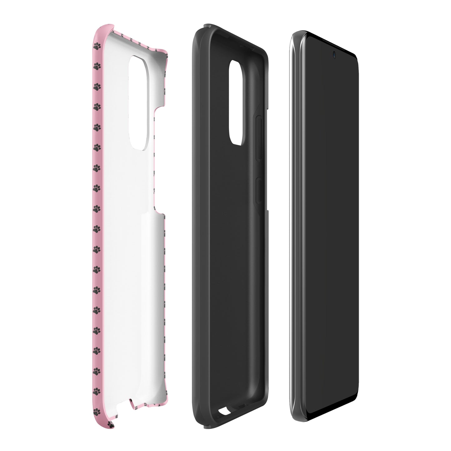 Phone Case Samsung Galaxy in playful pink with paw-print design shown separated from phone for stylish protection.