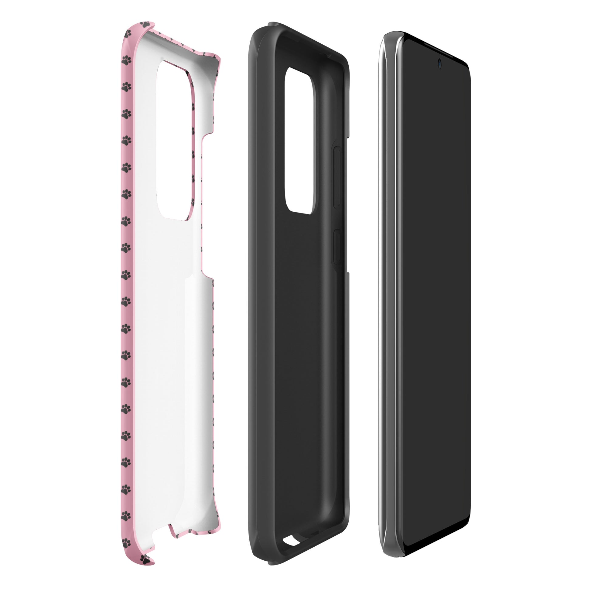 Phone Case Samsung Galaxy with paw-print design in playful pink, showcasing protective layers and charming pet-loving style.