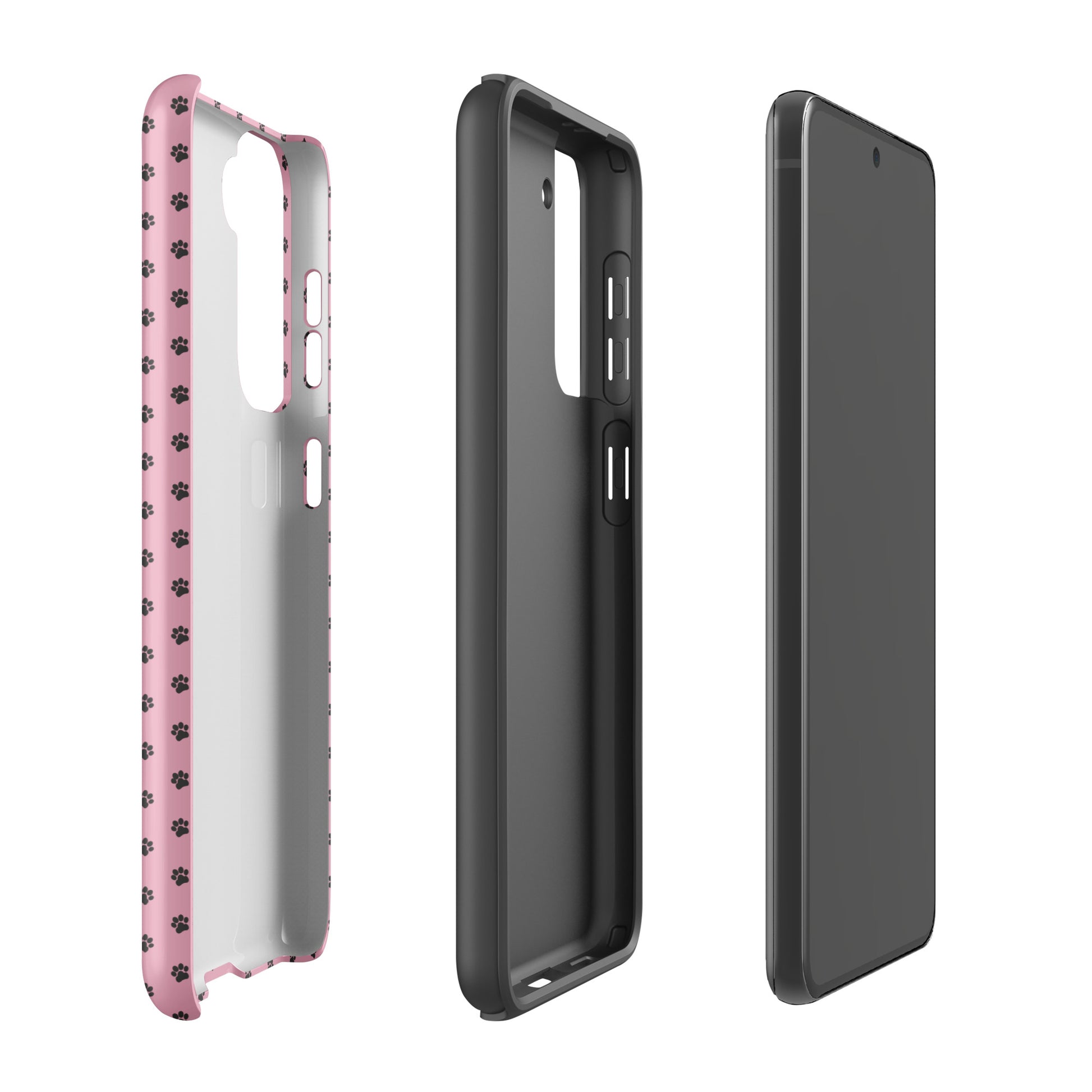 Playful pink Samsung Galaxy phone case with paw-print design, showcasing durable protection and pet-loving charm.