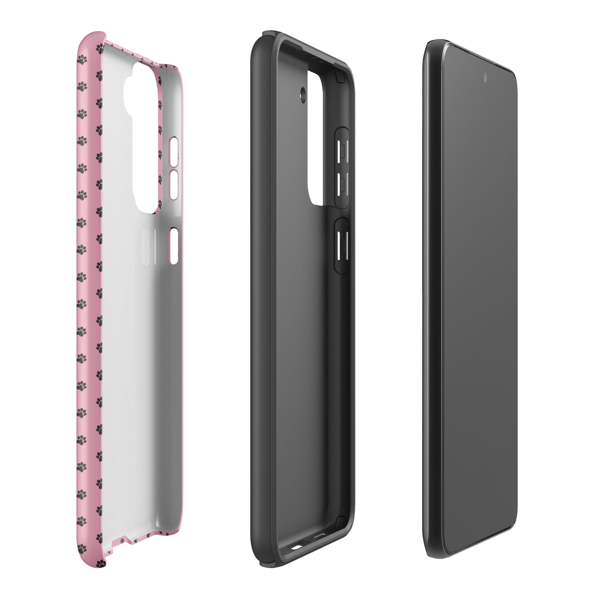 Phone Case Samsung Galaxy - Paw-Print Design in playful pink, showing both sides and interior with protective features.