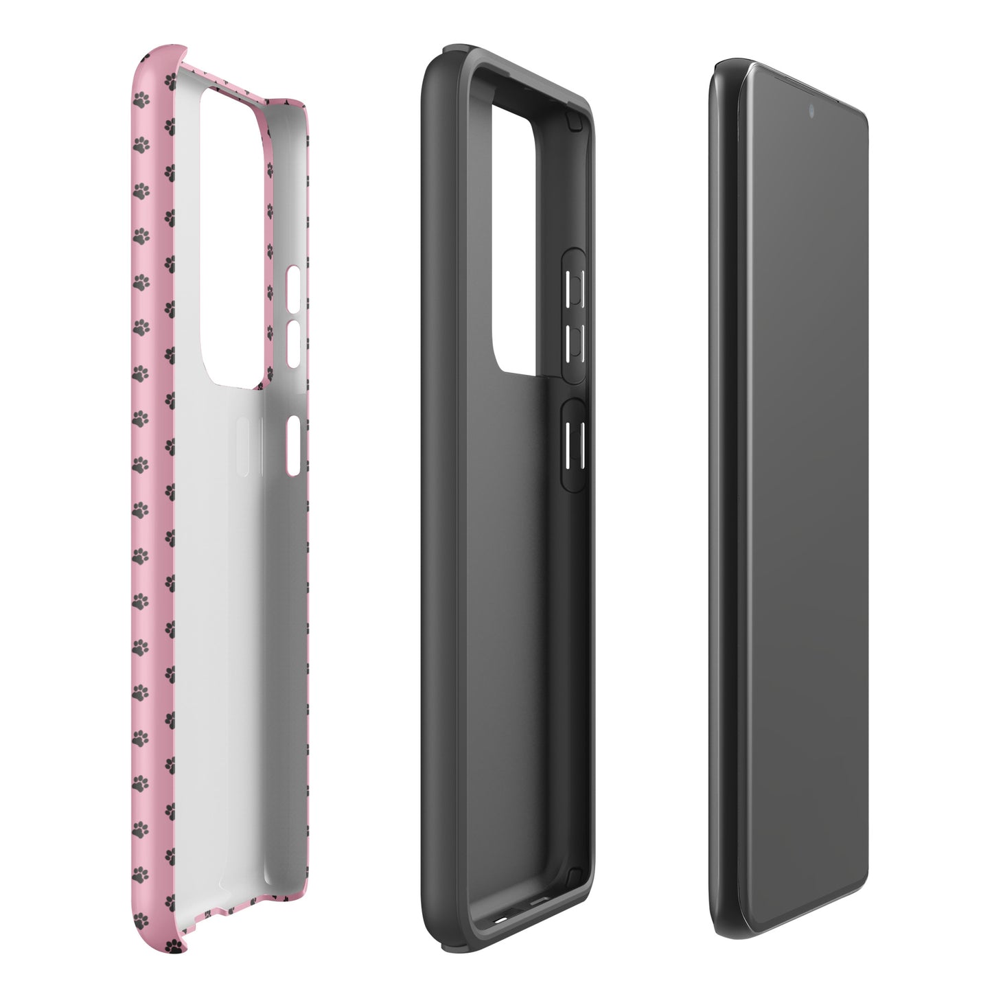 Phone Case Samsung Galaxy with pink paw-print design and black interior, showing playful, durable protection.