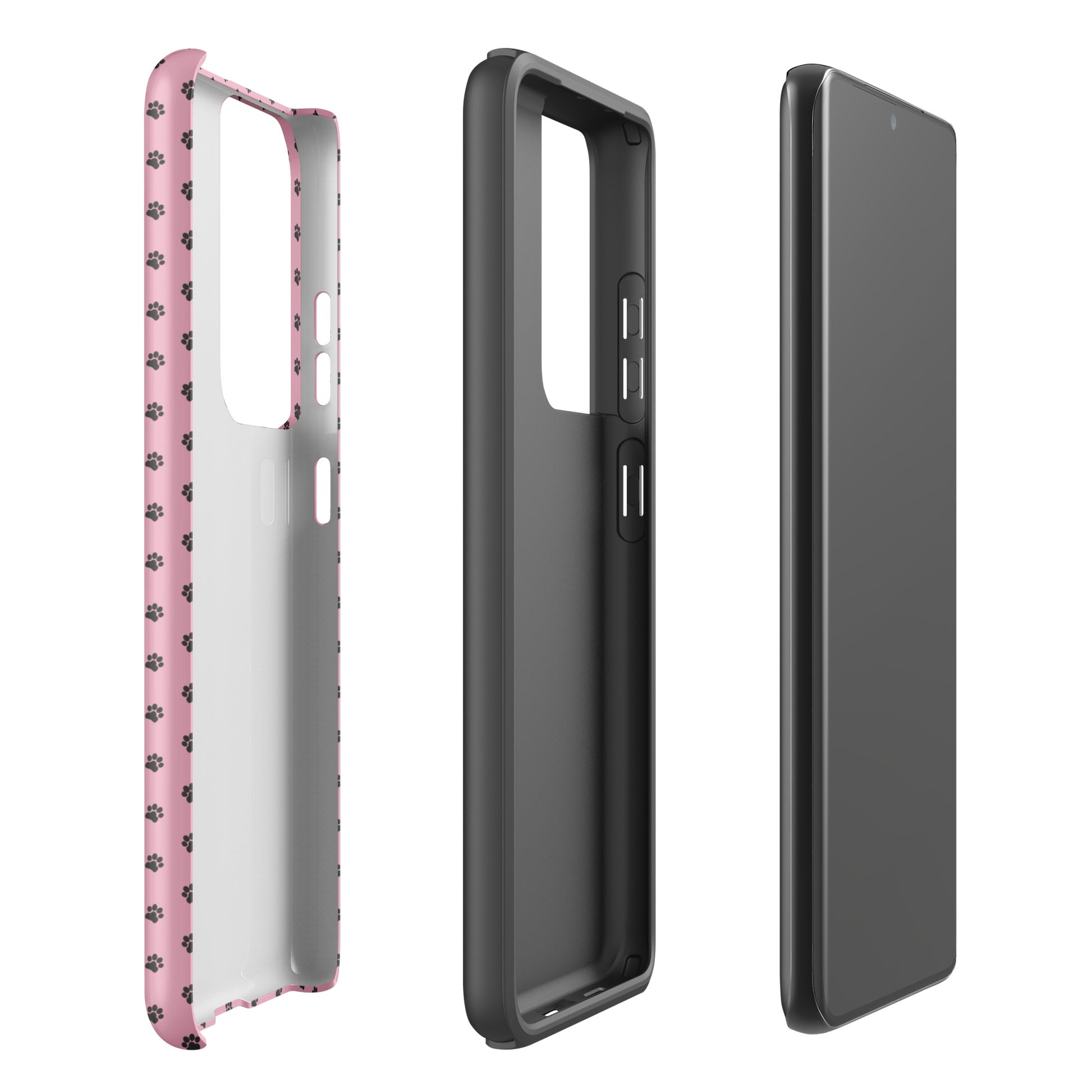 Phone Case Samsung Galaxy with pink paw-print design and black interior, showing playful, durable protection.