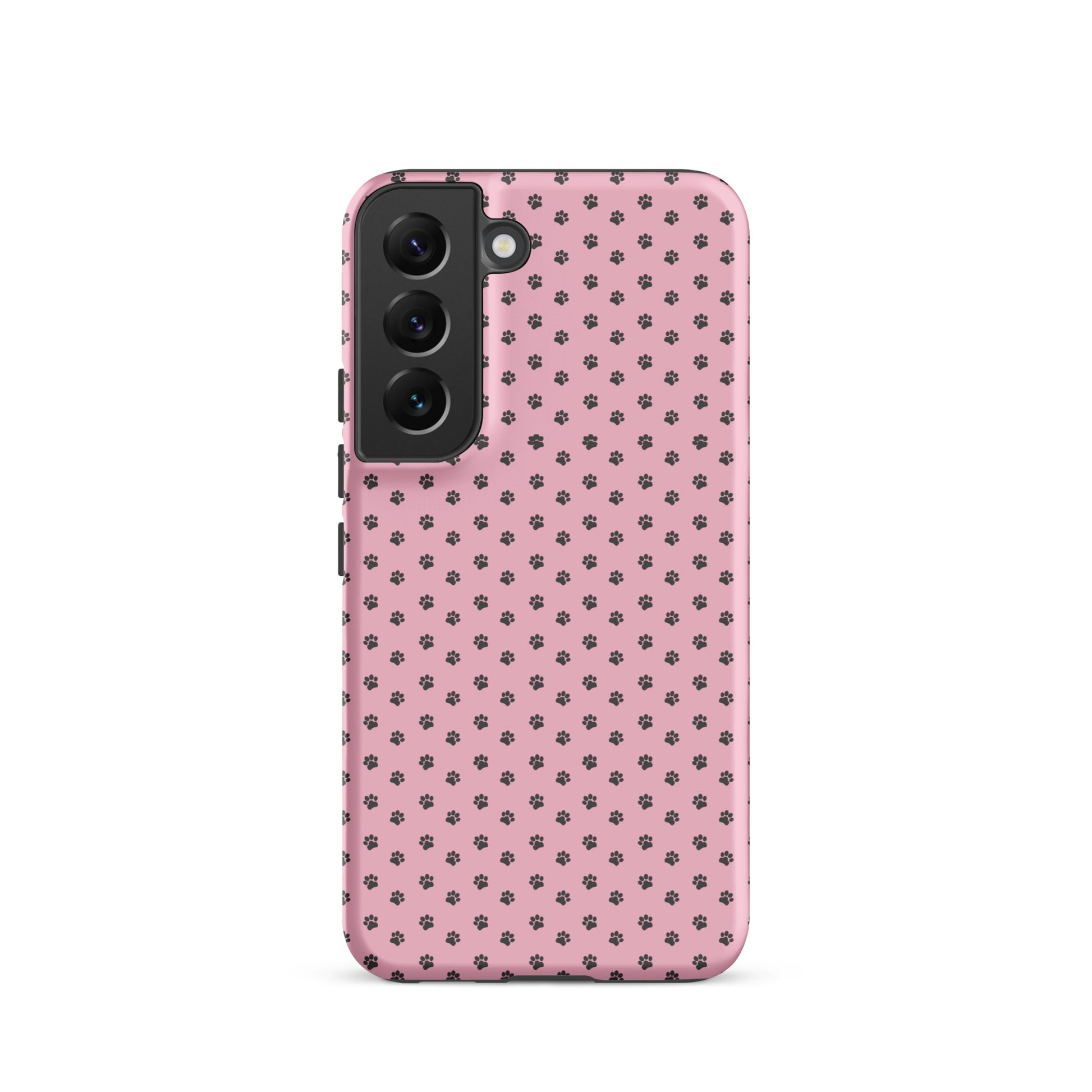 Phone Case Samsung Galaxy with playful pink paw-print design on soft pink background offering stylish phone protection.