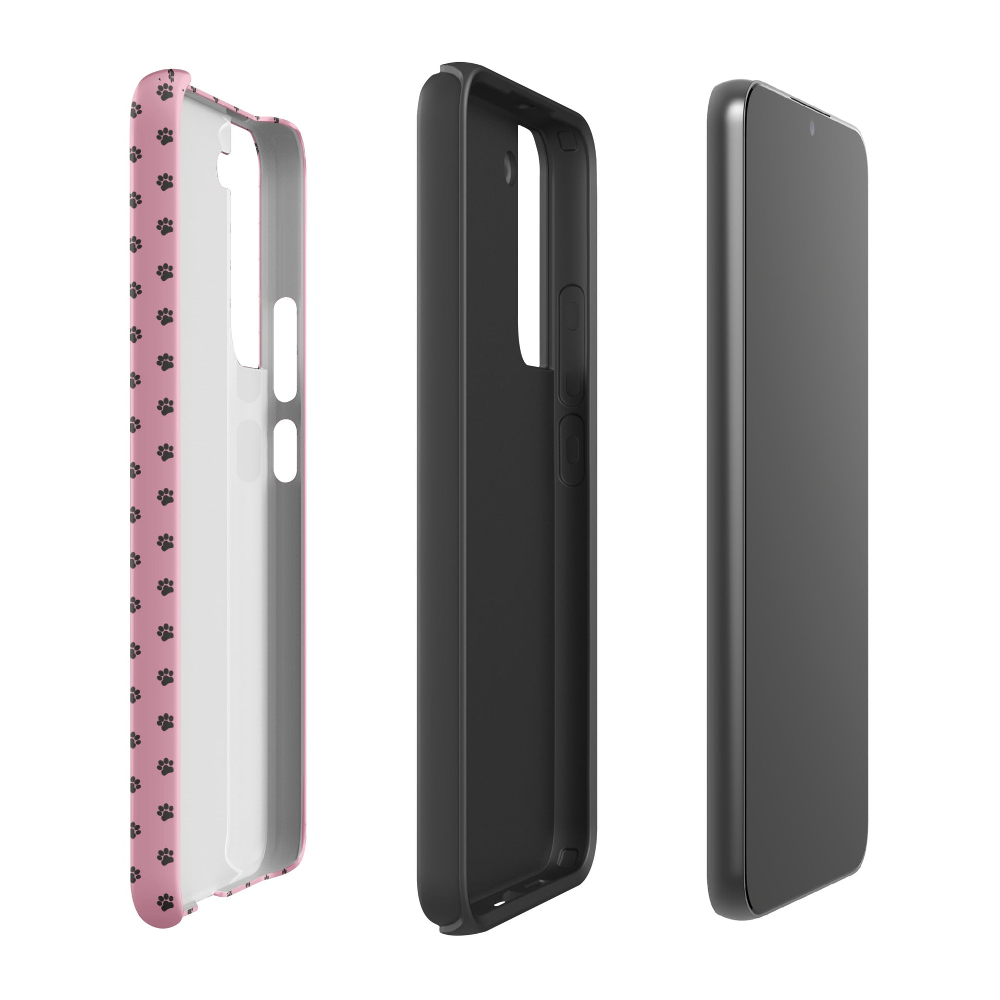 Phone Case Samsung Galaxy with pink paw-print design showing front, back, and side view for playful protection.