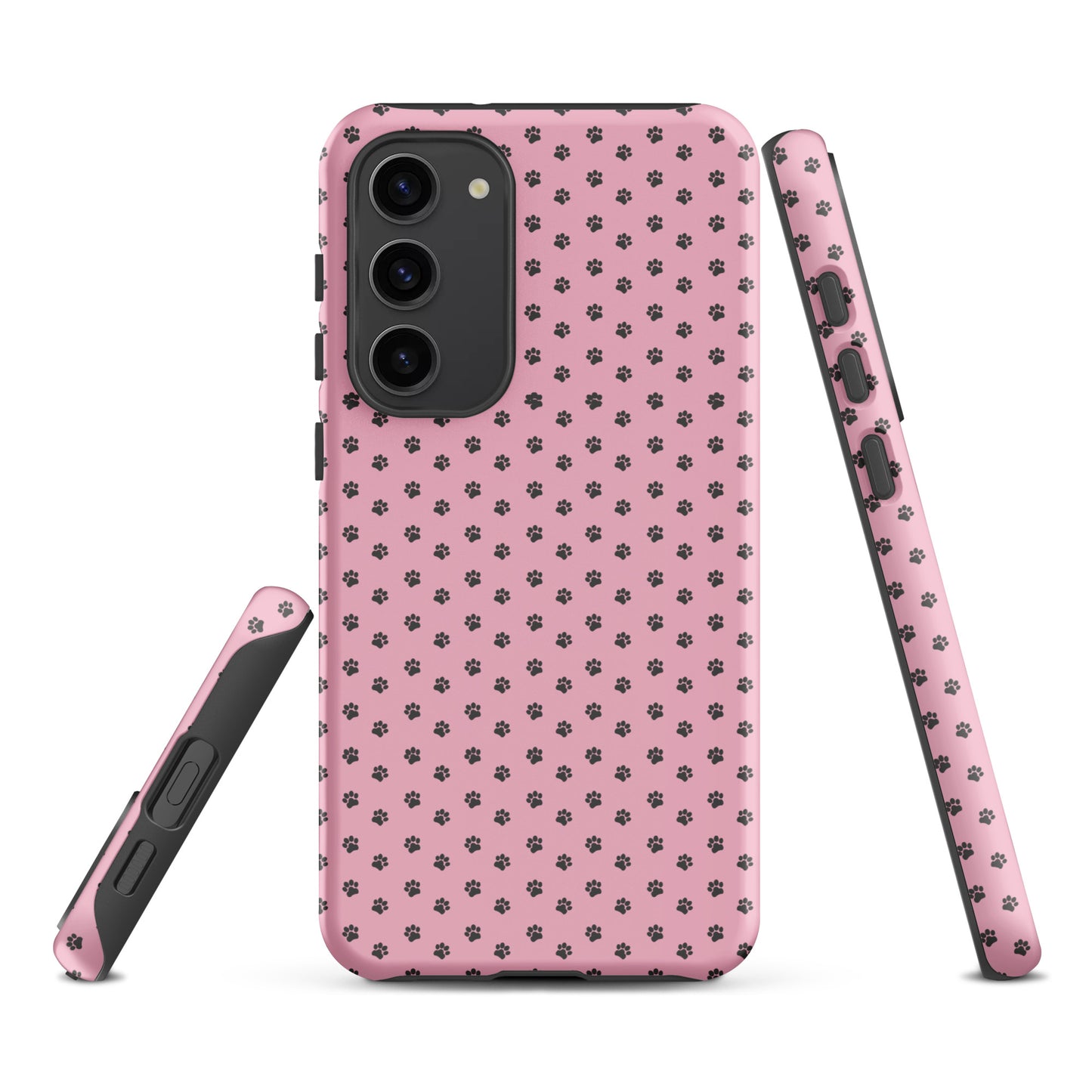 Phone Case Samsung Galaxy with pink paw-print design, playful pink protection, featuring charming gray paw prints for pet lovers.