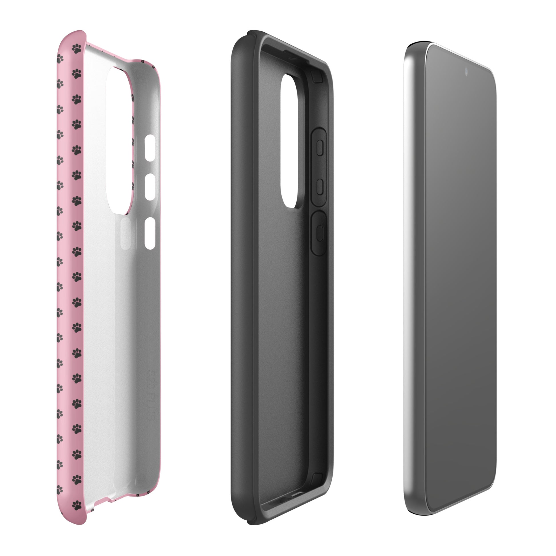 Phone Case Samsung Galaxy with playful pink paw print design, showcasing protective layers and a stylish look.