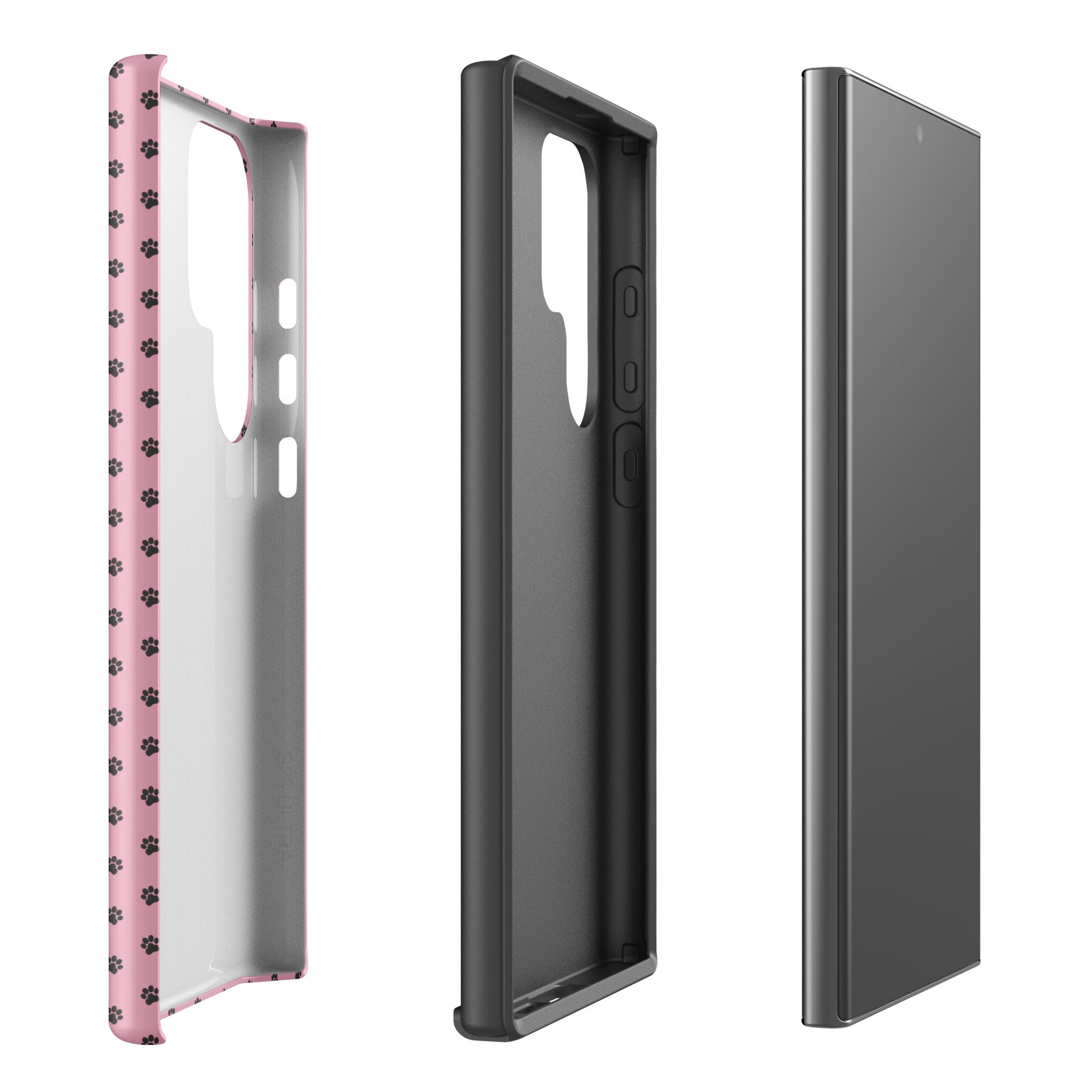 Phone Case Samsung Galaxy in playful pink with paw-print design, highlighting durability and charm for pet lovers.