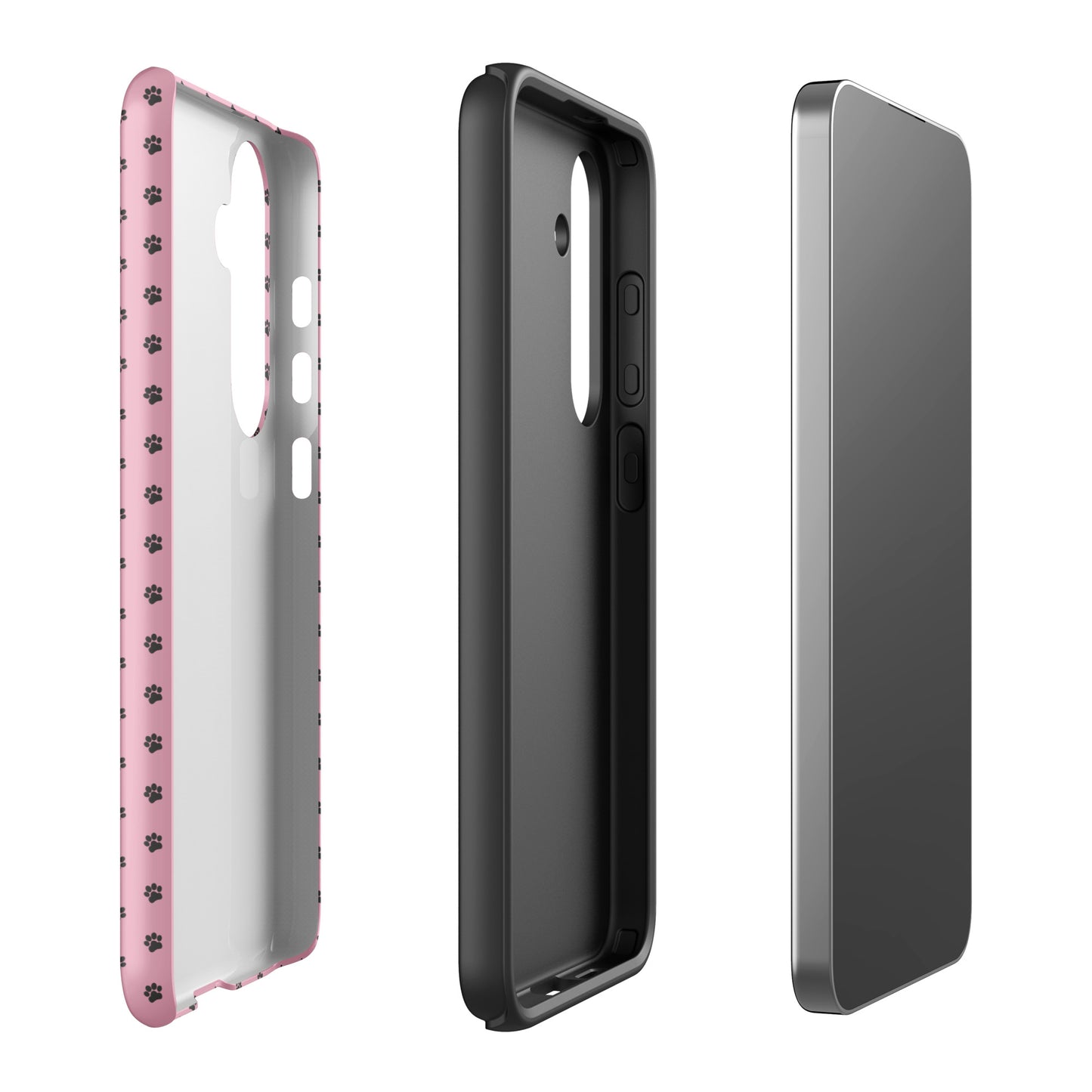 Phone Case Samsung Galaxy with pink paw-print design, showing three-piece protective set.