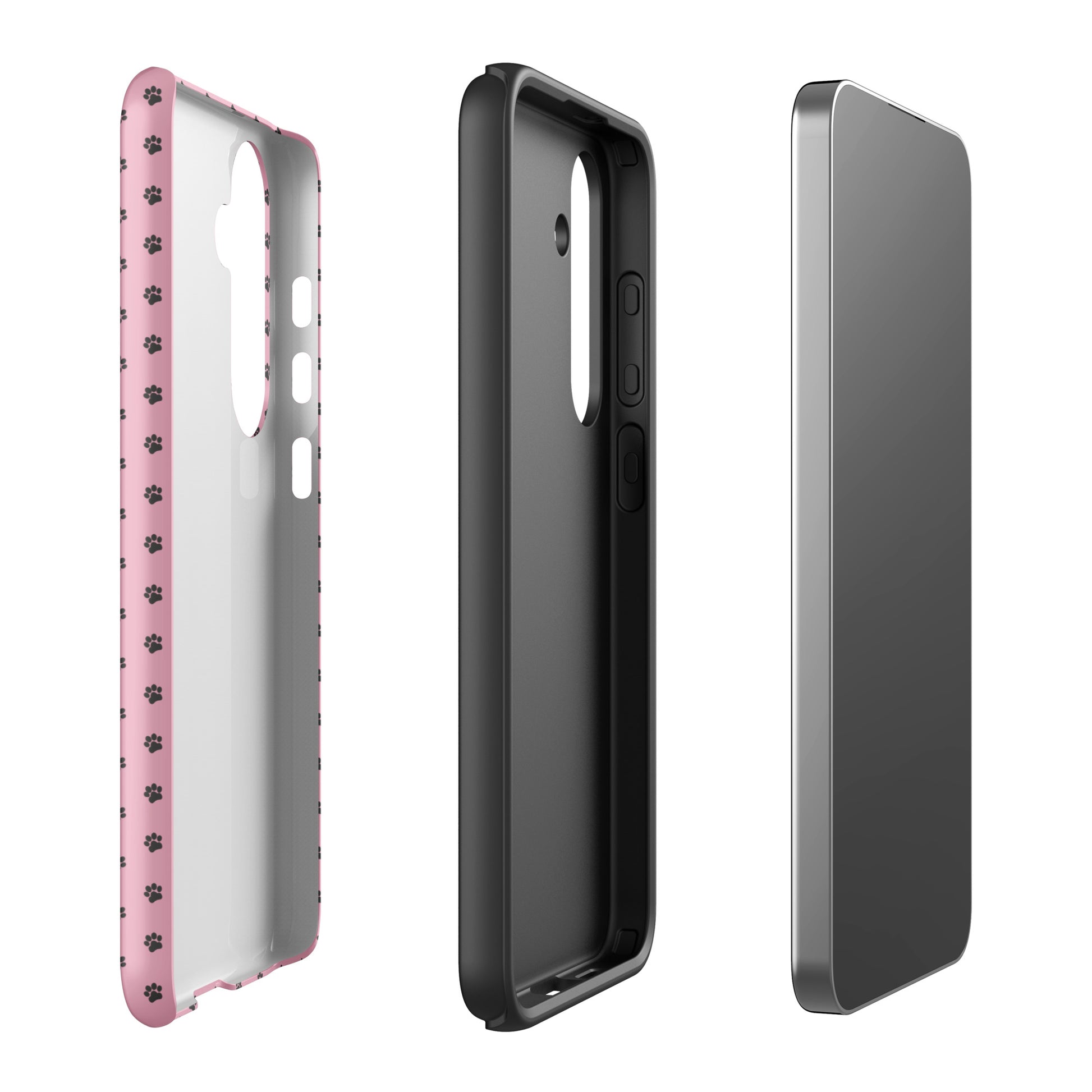 Phone Case Samsung Galaxy with pink paw-print design, showing three-piece protective set.