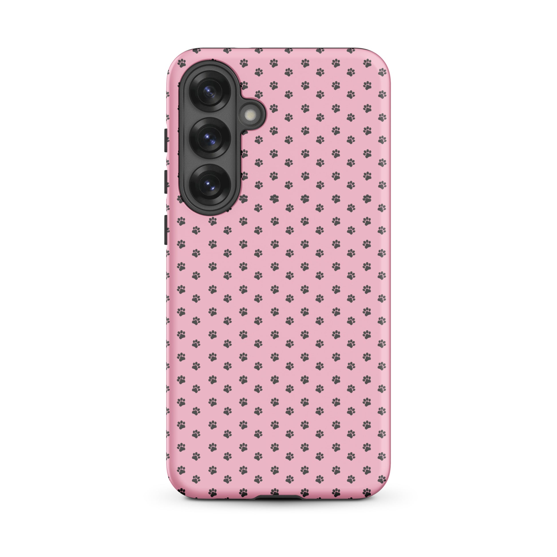 Phone Case Samsung Galaxy with paw print design in playful pink, featuring dark gray paw prints on a soft pink background.