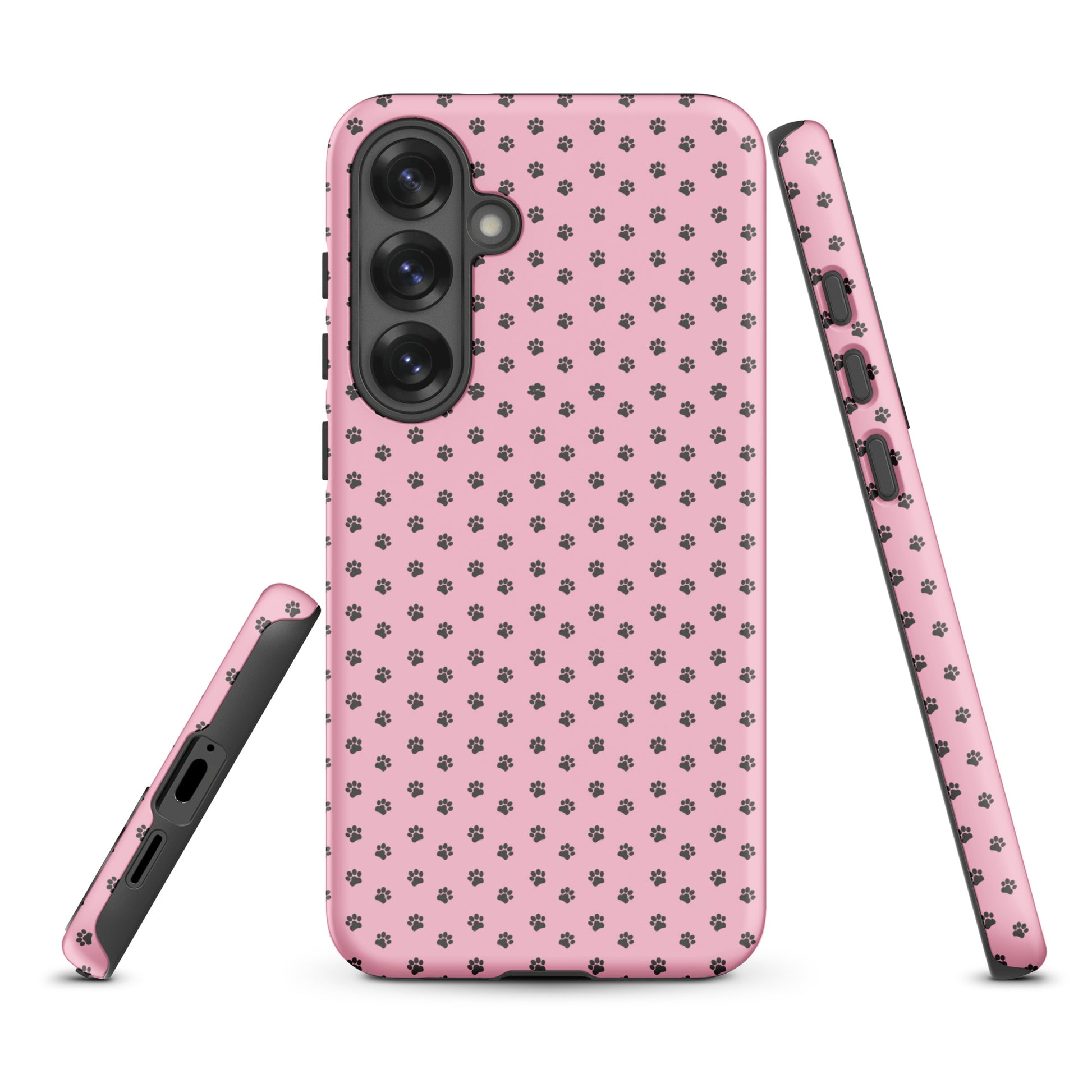 Phone Case Samsung Galaxy with playful pink paw-print design, featuring dark gray paw prints on a soft pink background.