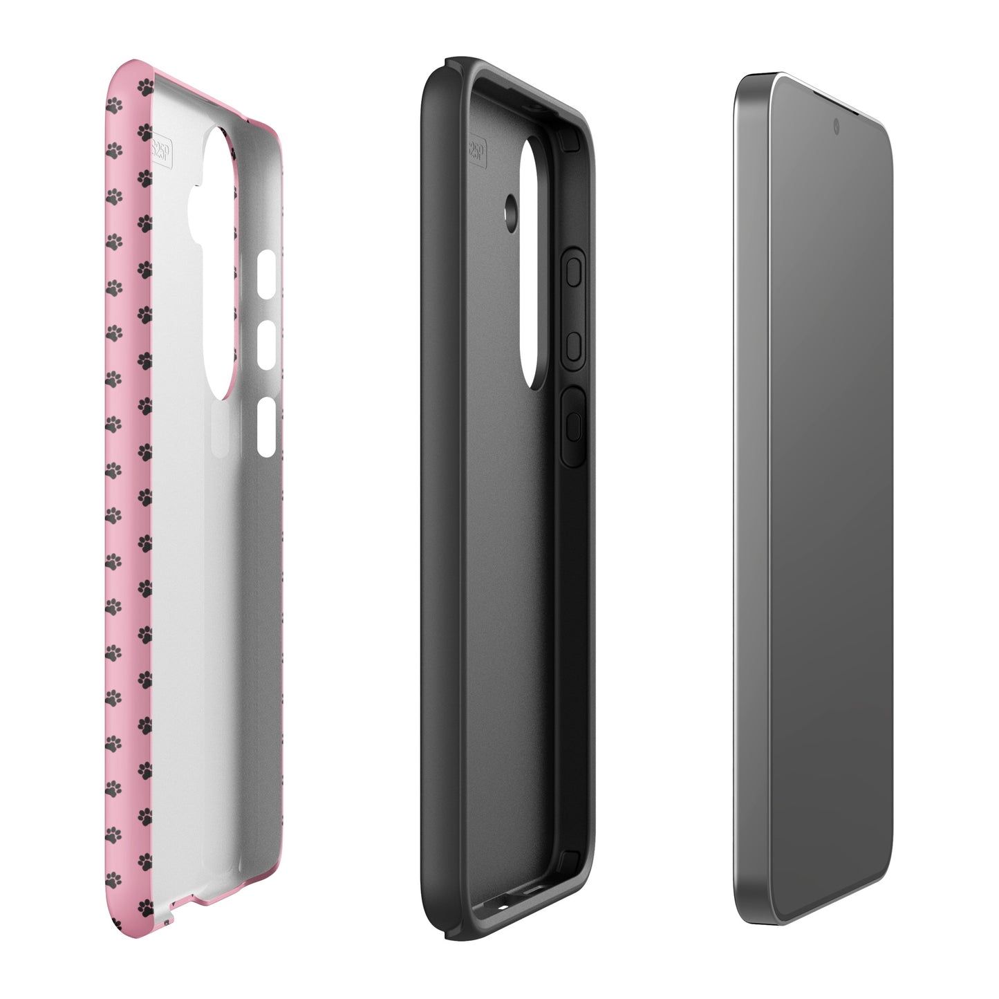 Phone Case Samsung Galaxy with pink paw-print design, showcasing durable sides and sleek finish for playful pink protection.