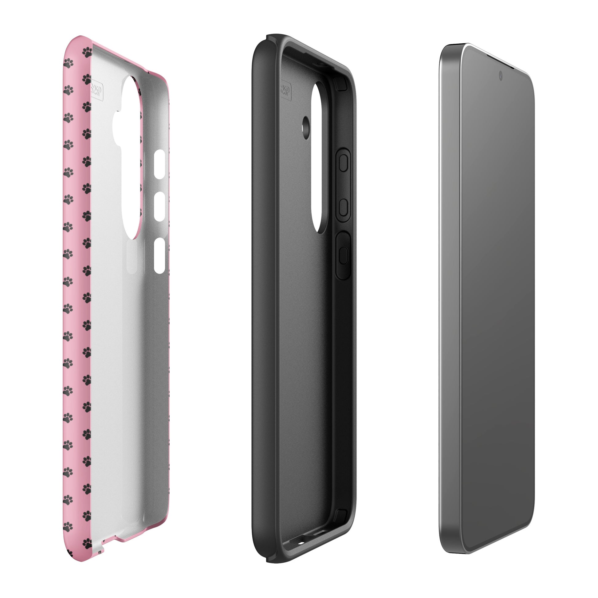 Phone Case Samsung Galaxy with pink paw-print design, showcasing durable sides and sleek finish for playful pink protection.