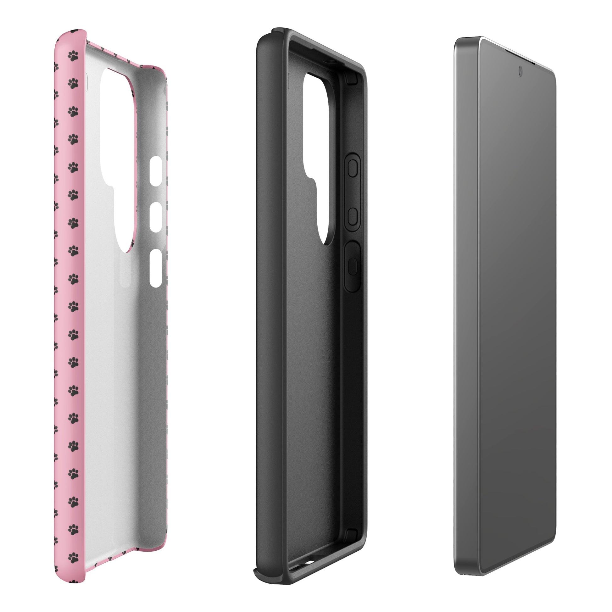 Phone Case Samsung Galaxy in pink with paw-print design showing layers and protection.