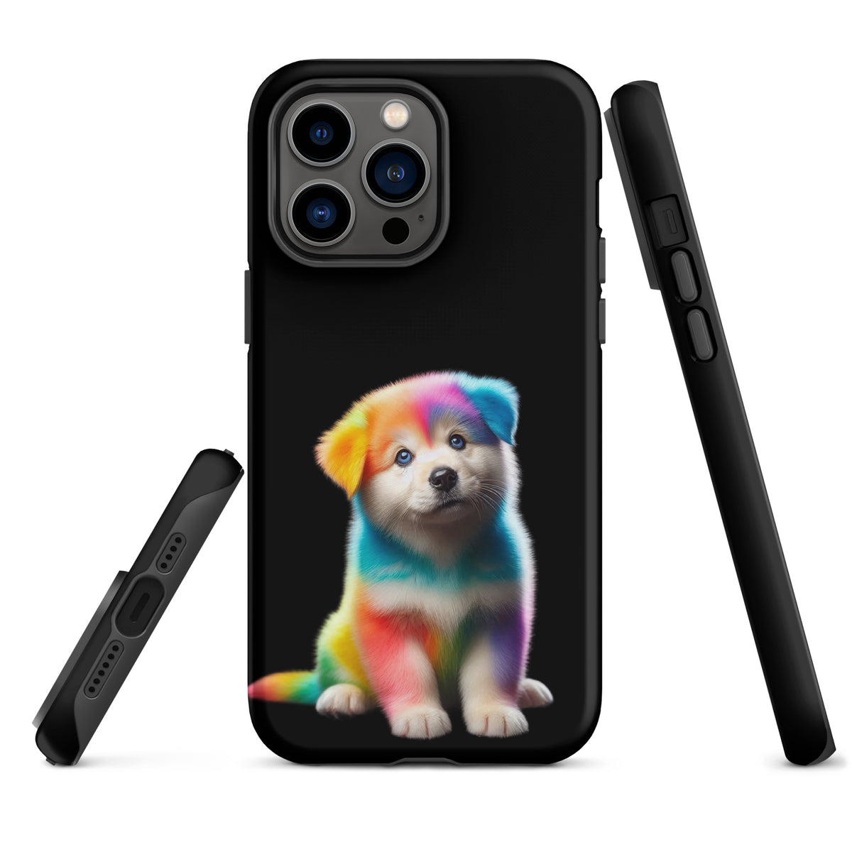 Phone Case featuring rainbow puppy design with cosmic night sky theme, colorful and protective for iPhone.