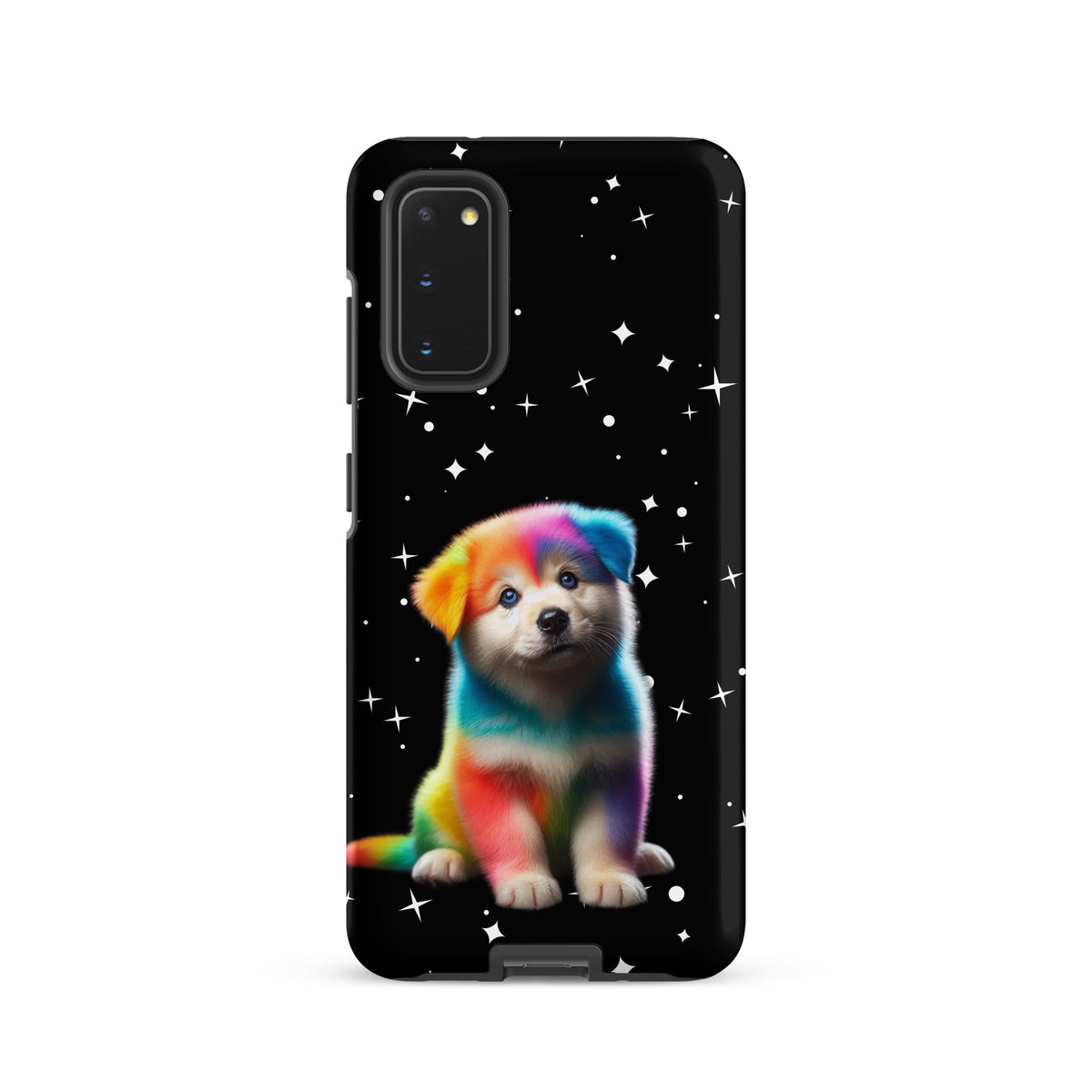 Phone Case for Samsung Galaxy with rainbow puppy and starry night design, vibrant protective accessory showcasing playful fantasy art.