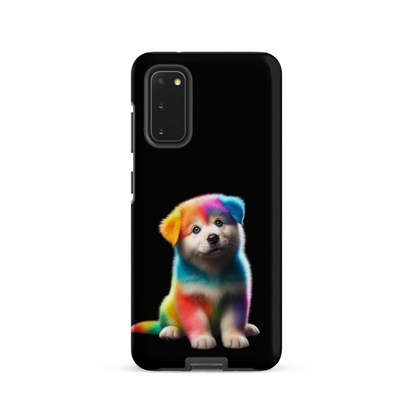 Phone Case for Samsung Galaxy with rainbow puppy design on a dark night sky background