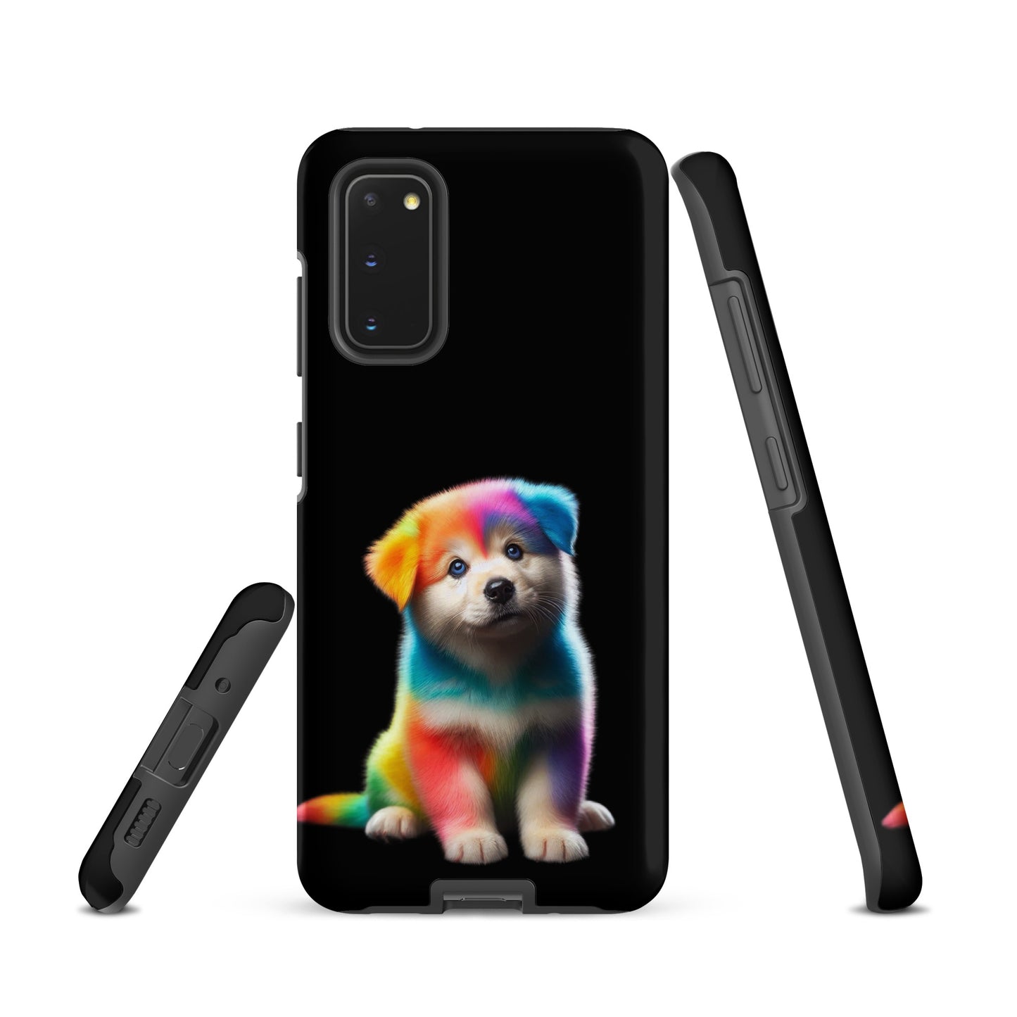 Phone Case for Samsung Galaxy featuring a rainbow puppy on a dark night sky, perfect for those who love bold colors and cosmic sparkle.