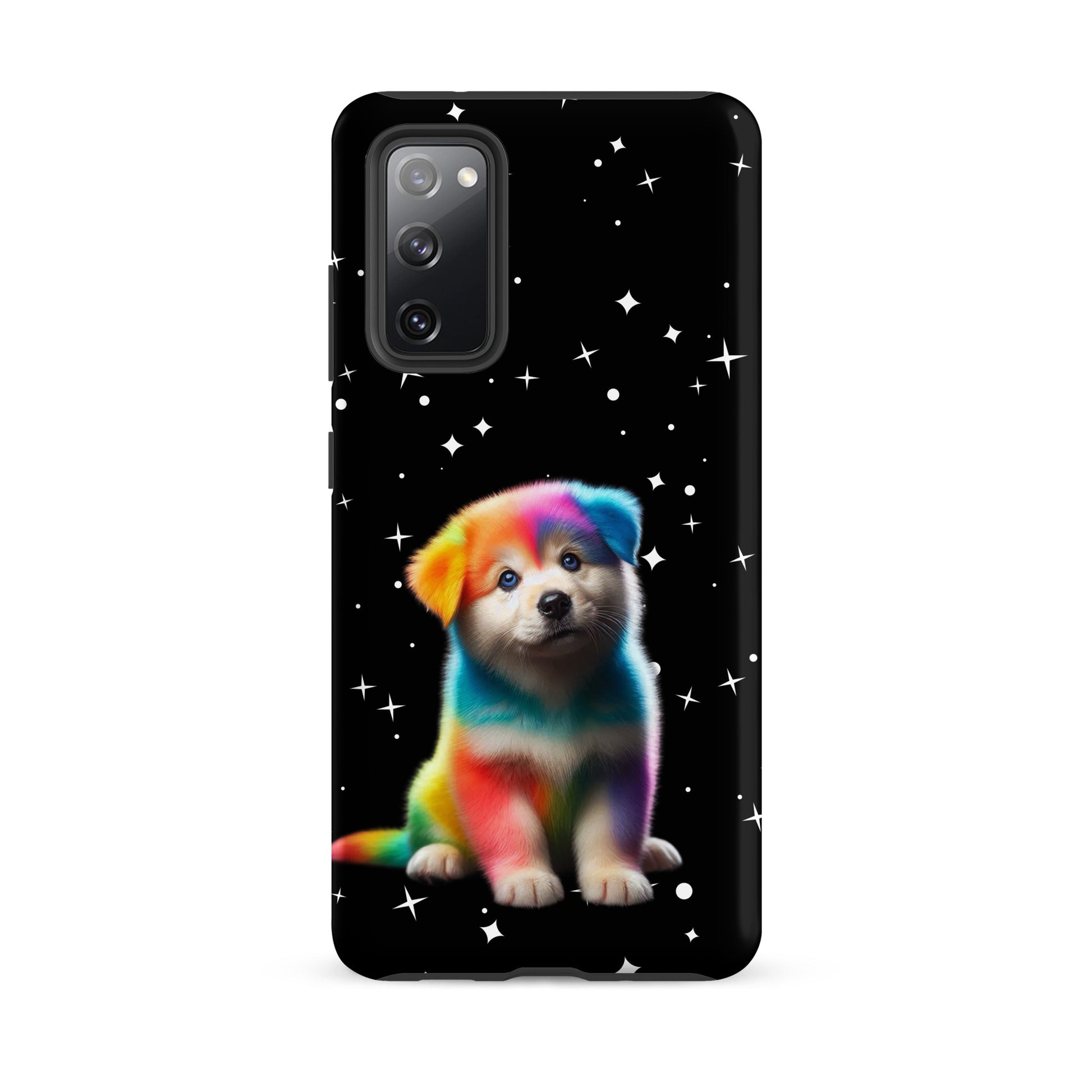 Phone Case for Samsung Galaxy with rainbow puppy and starry night design, colorful pet art against a cosmic sky, protective and vibrant.