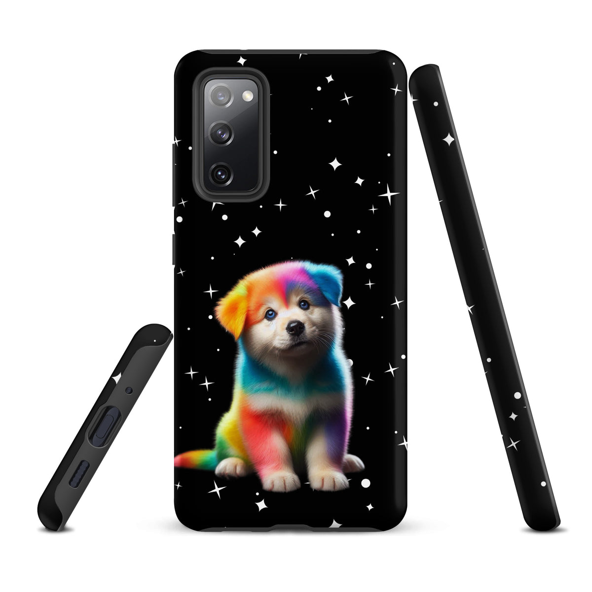 Phone Case for Samsung Galaxy with rainbow puppy and starry night design, vibrant colors, cosmic sparkle background.