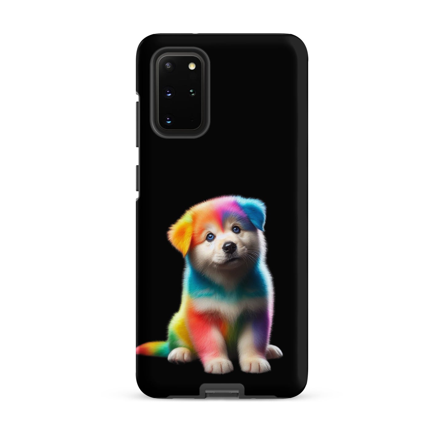 Phone Case for Samsung Galaxy with rainbow puppy on dark night sky background, vibrant and protective design with fantasy art.