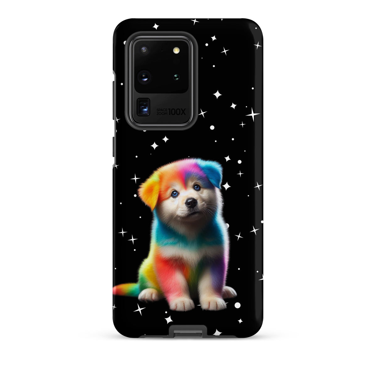 Phone Case for Samsung Galaxy with rainbow puppy design and starry night background.