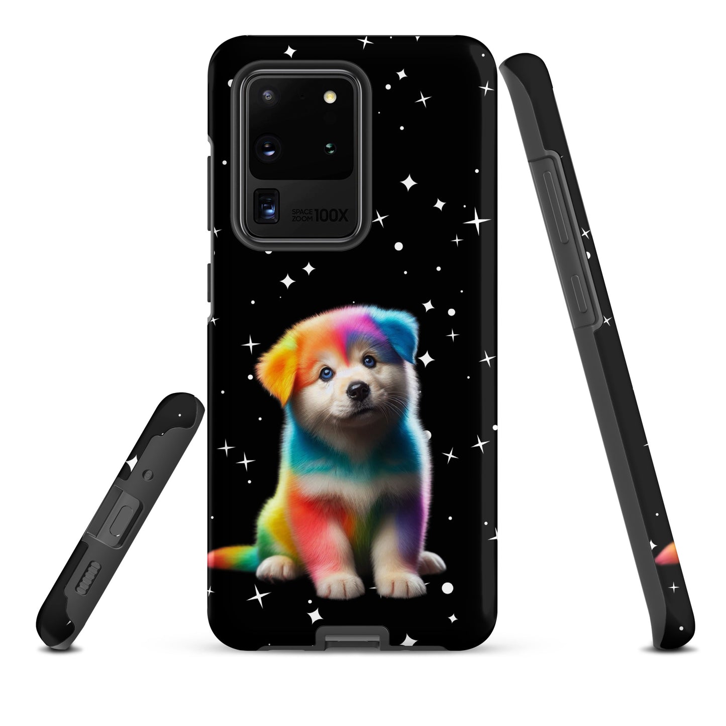 Phone Case for Samsung Galaxy featuring a rainbow puppy design against a starry night background, blending protection with vibrant style.