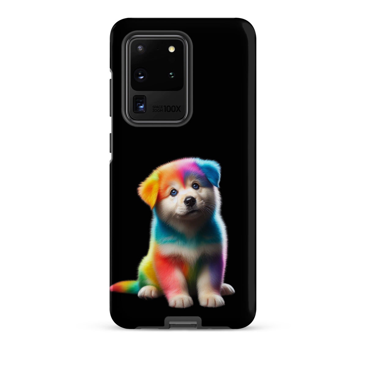 Phone Case for Samsung Galaxy with rainbow puppy design against a dark night sky, showcasing colorful fur and a magical fantasy theme.