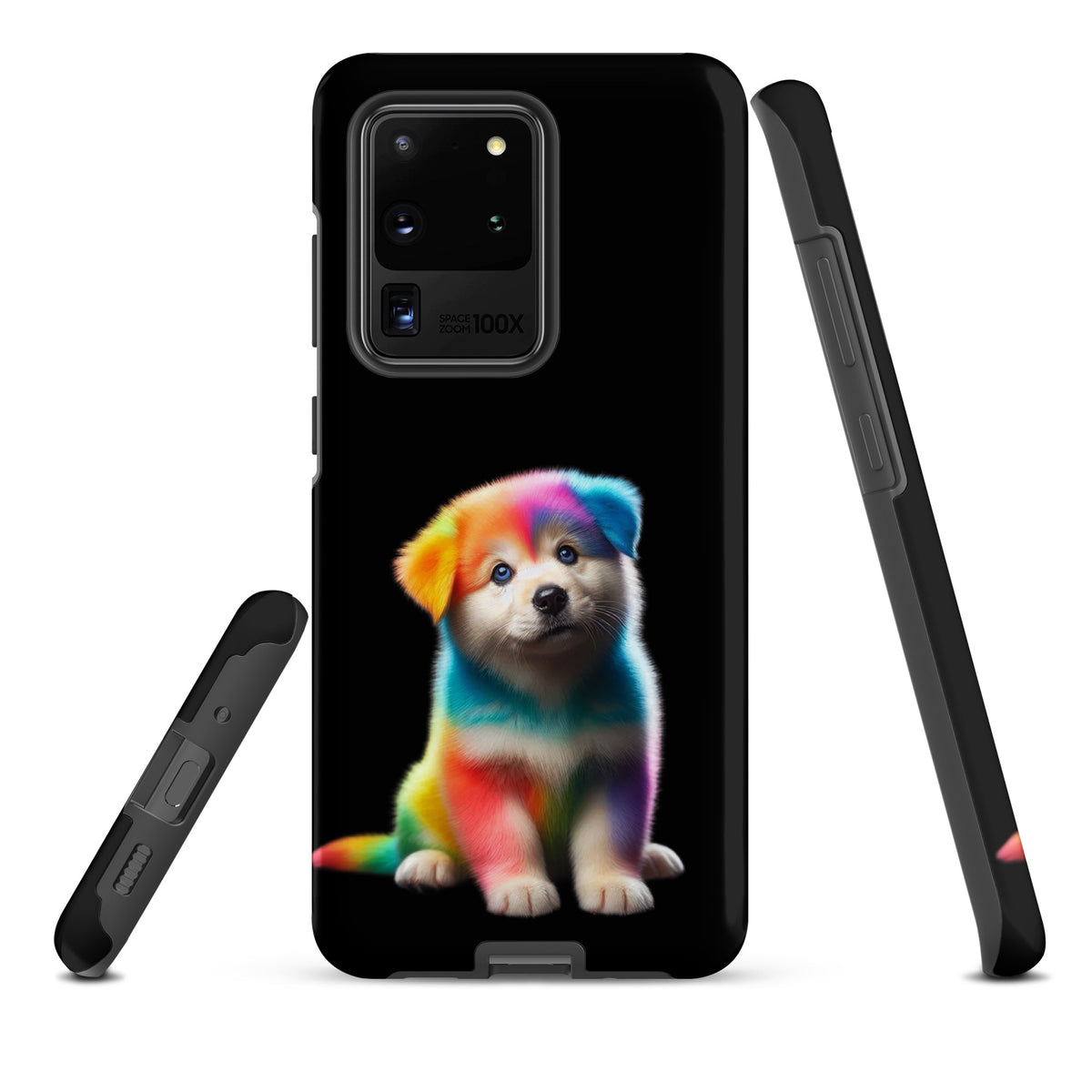 Phone Case for Samsung Galaxy featuring rainbow puppy design with cosmic sparkle on a dark night sky, colorful pet art phone accessory.
