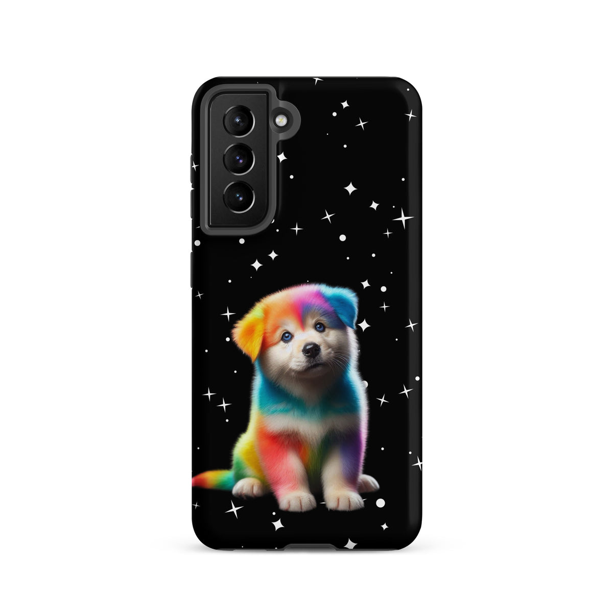 Phone Case for Samsung Galaxy showing rainbow puppy and starry night design, vibrant colors, protective cover, cosmic sparkle.