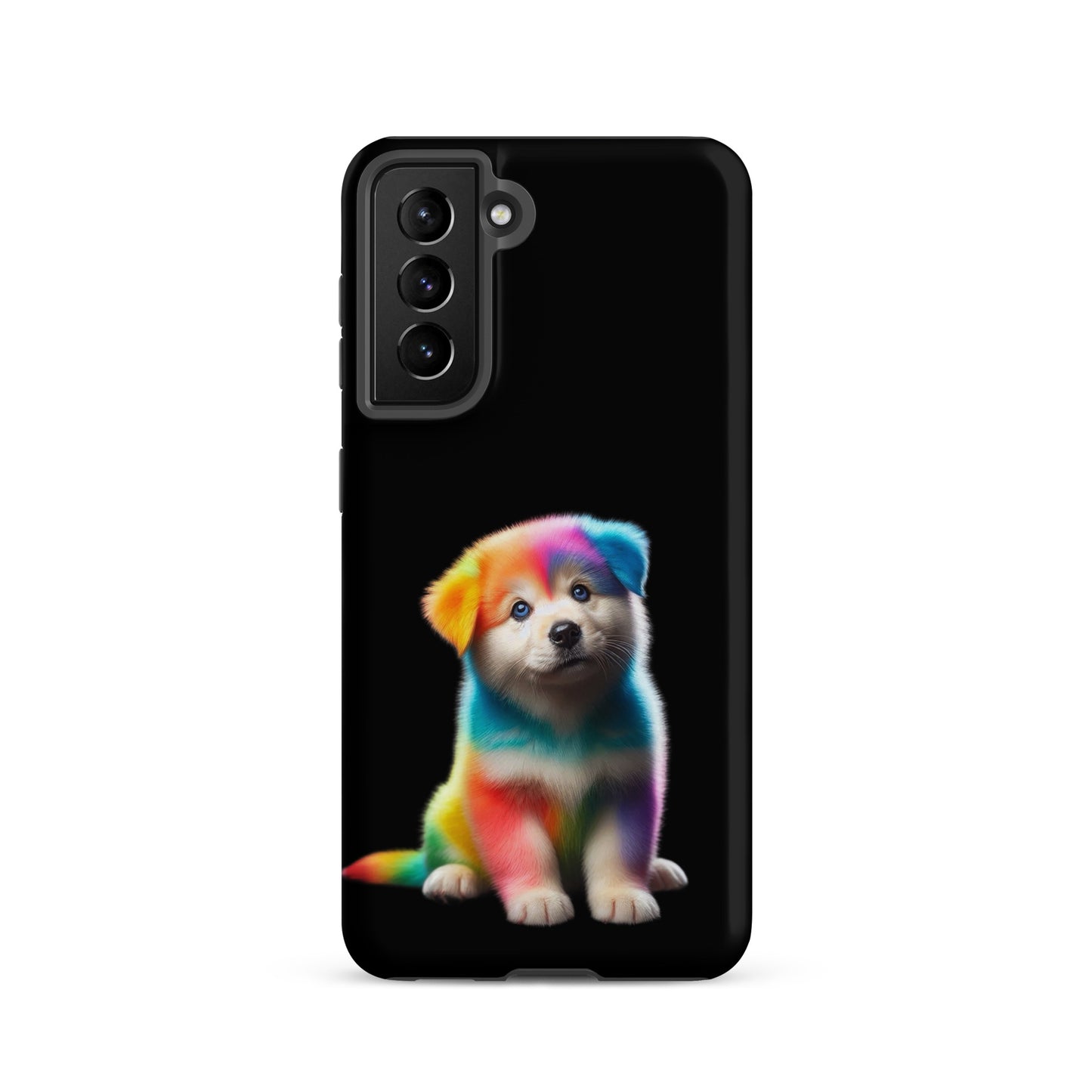 Phone Case for Samsung Galaxy featuring rainbow puppy on a night sky background with cosmic sparkle.
