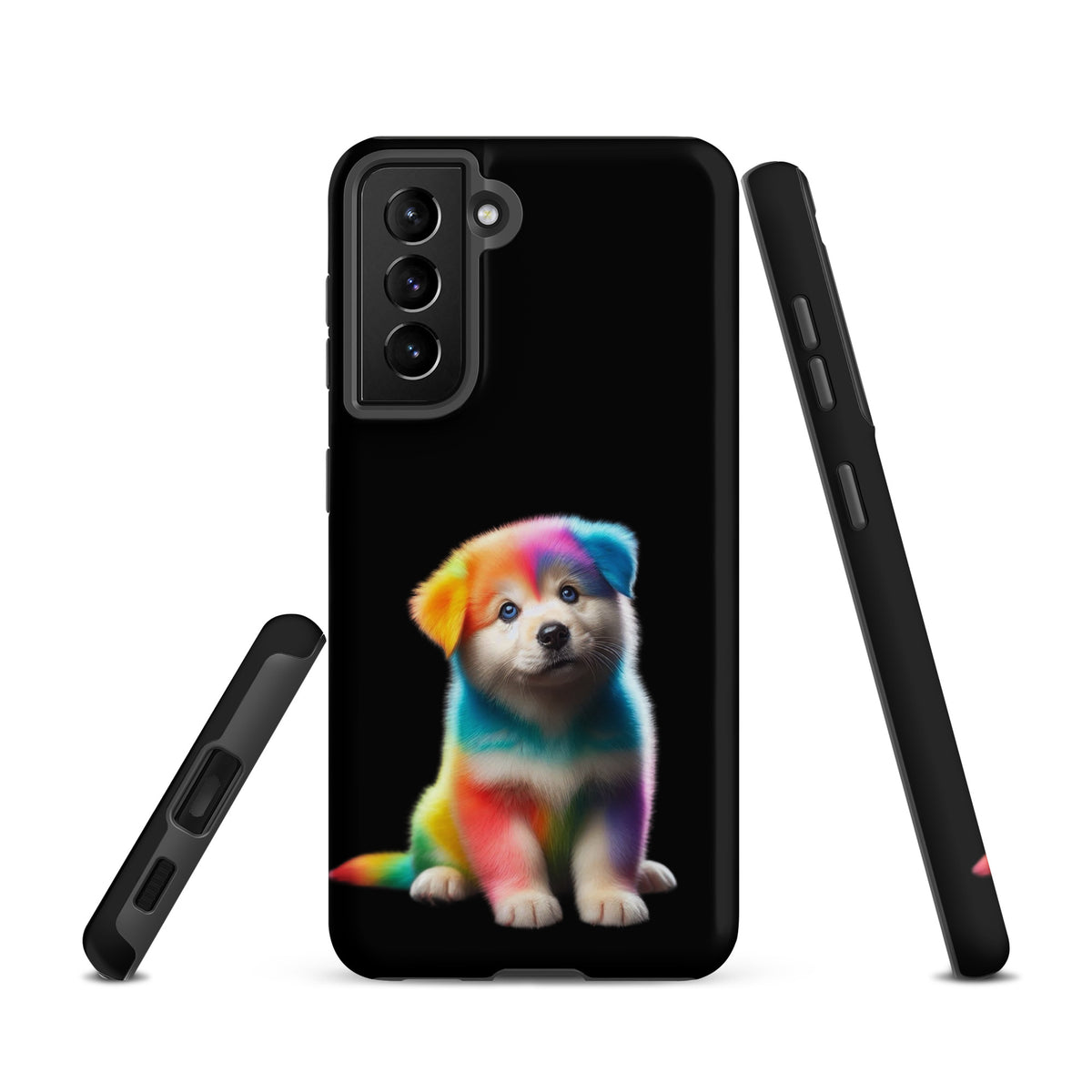 Phone Case for Samsung Galaxy featuring rainbow puppy design on dark night sky background.