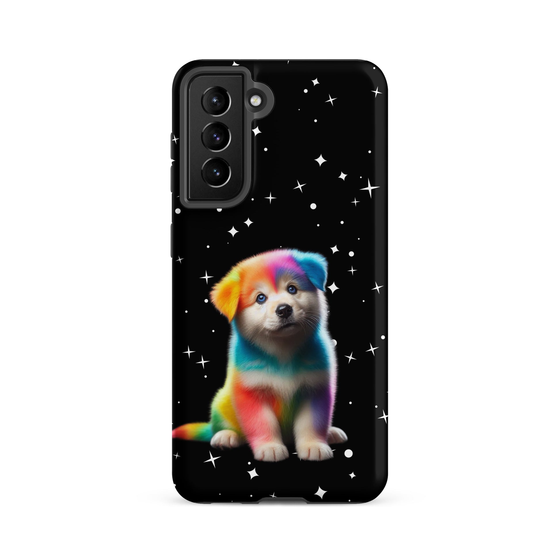 Phone Case for Samsung Galaxy with rainbow puppy and starry night design, cosmic sparkle, bold colors, protective and stylish accessory.