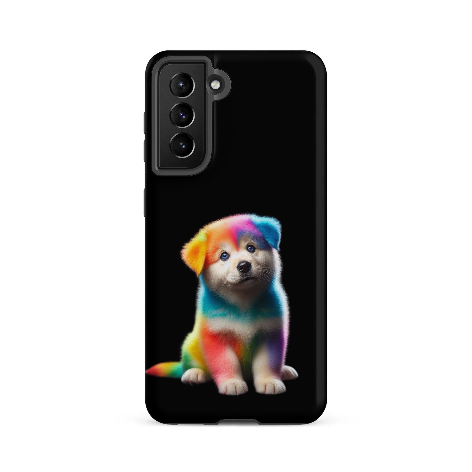 Phone Case for Samsung Galaxy with vibrant rainbow puppy design against a dark night sky, blending fantasy art and protection.