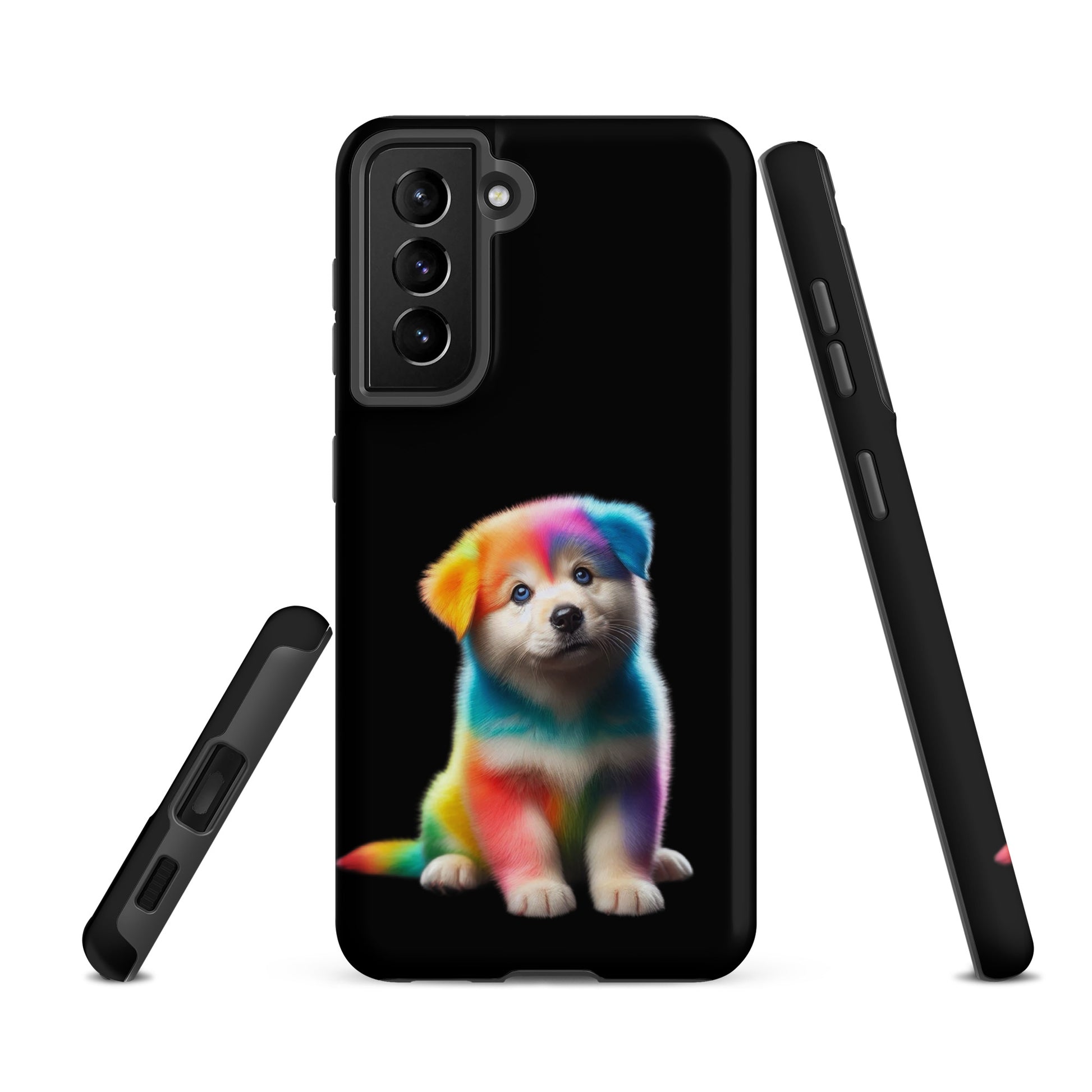 Phone Case for Samsung Galaxy with rainbow puppy design against night sky background, adding cosmic charm to your device protection.