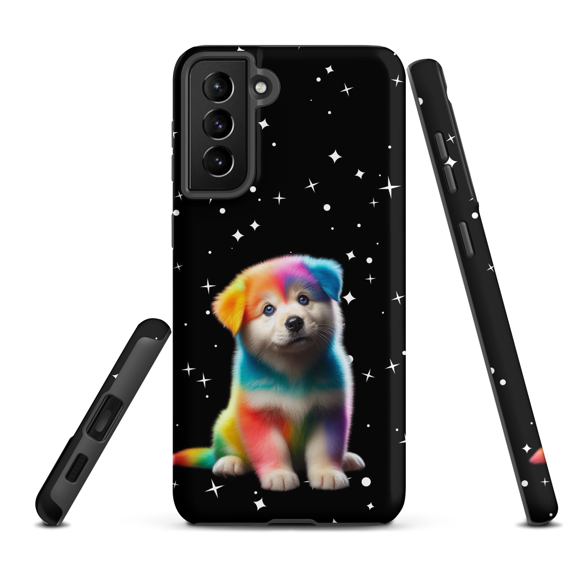 Phone Case for Samsung Galaxy featuring a rainbow puppy design on a starry night backdrop, blending fantasy art with protection.