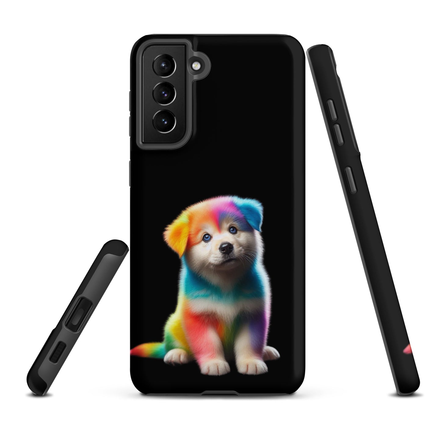 Phone Case for Samsung Galaxy with vibrant rainbow puppy design against a night sky background, blending fantasy art with device protection.
