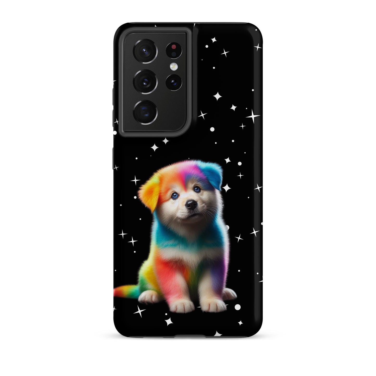 Phone Case for Samsung Galaxy with rainbow puppy and starry night design, highlighting bold colors and cosmic sparkle.