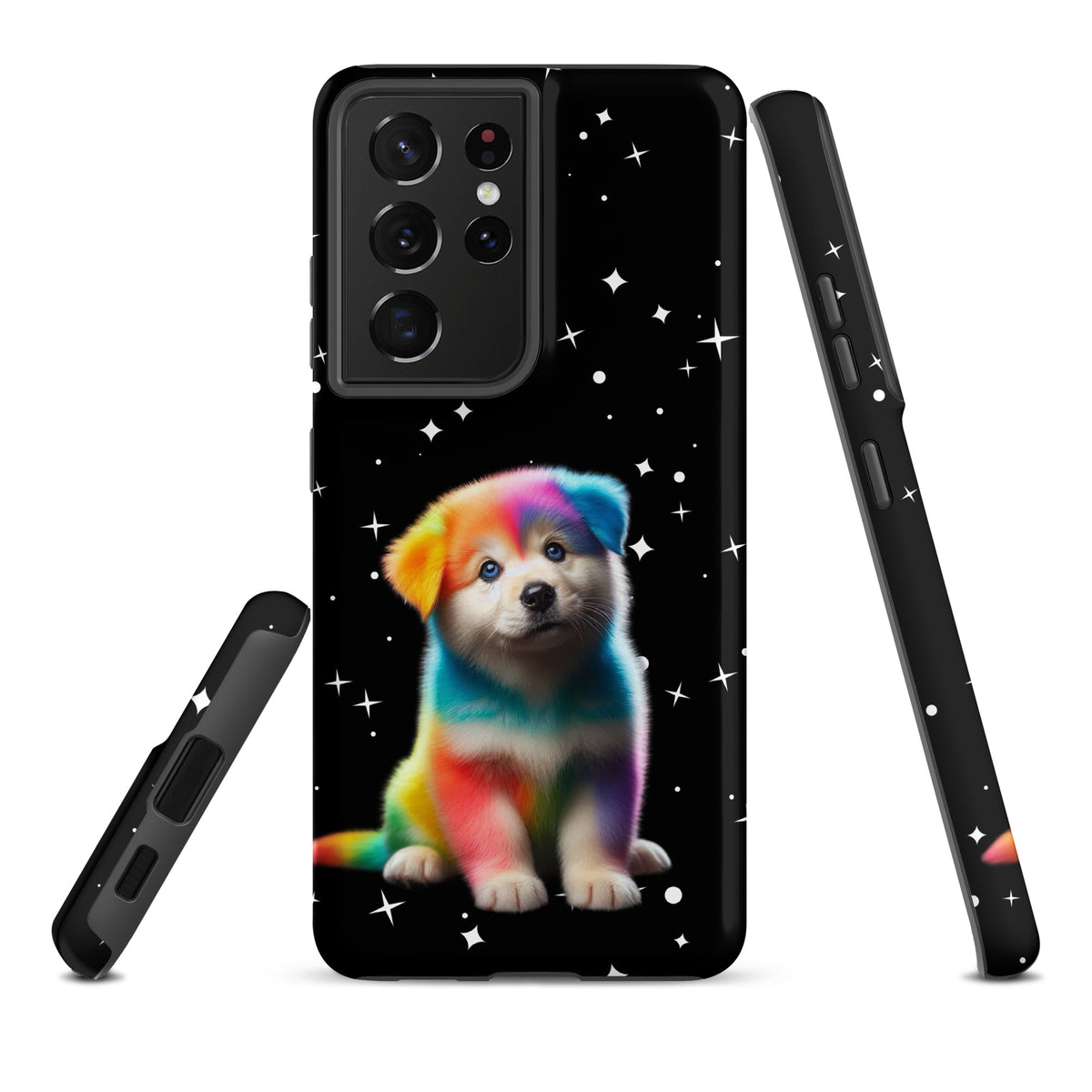 Phone Case for Samsung Galaxy with rainbow puppy and starry night design, featuring vibrant colors and cosmic sparkle.
